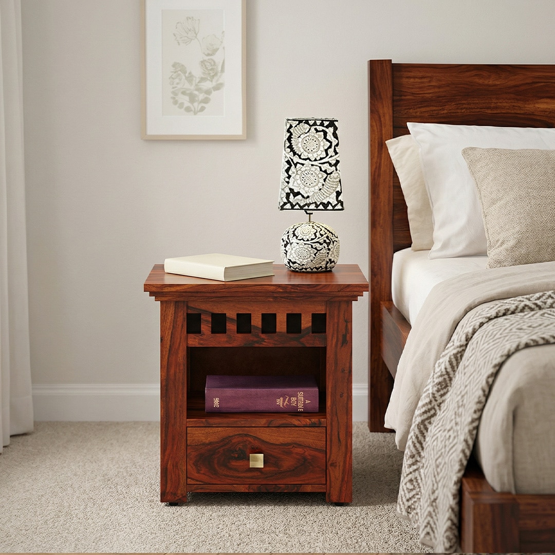 Fidora Solid Wood Bedside Table In Honey finish - Urban Ladder