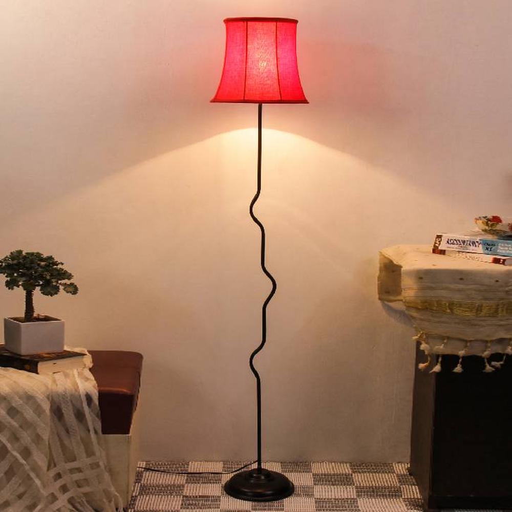 Clover Red Fabric Floor Lamp with Black Iron Base - Devansh
