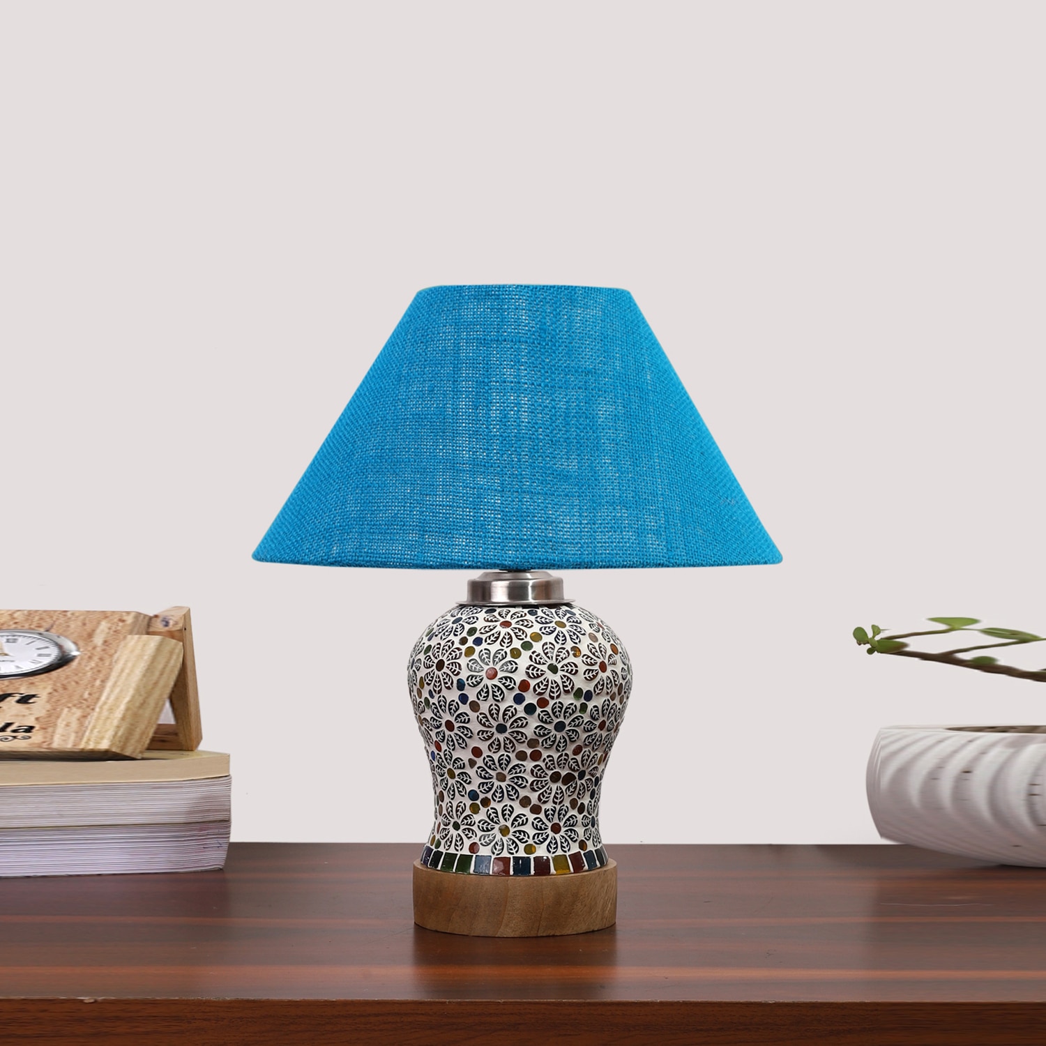 Devansh Conical Turquoise Jute Shade Lamp With Wood & Mosaic Glass Base For Decoration/Office/Home/Gifting/Study For Decoration/Office/Home/Gifting/Study -(10X10X14.5) Inches -A - Devansh