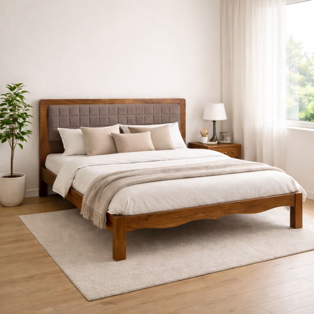 Grid Solid Wood Queen  Size Upholstered Bed Without Storage (Provincial Teak Finish, Brown Colour) - Globally Indian