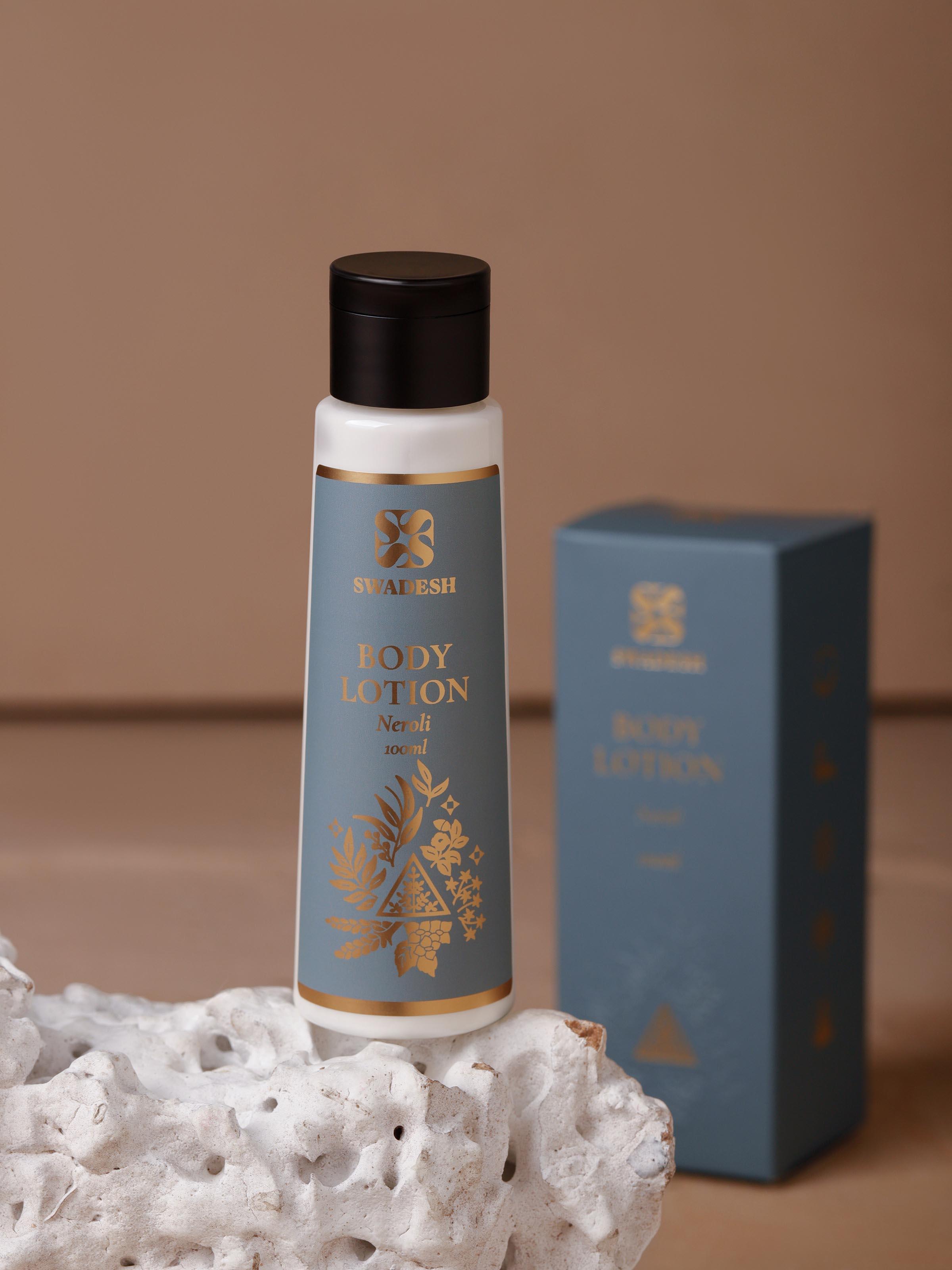 Side view of Body Lotion Neroli, highlighting the bottle's details and label for a closer look.