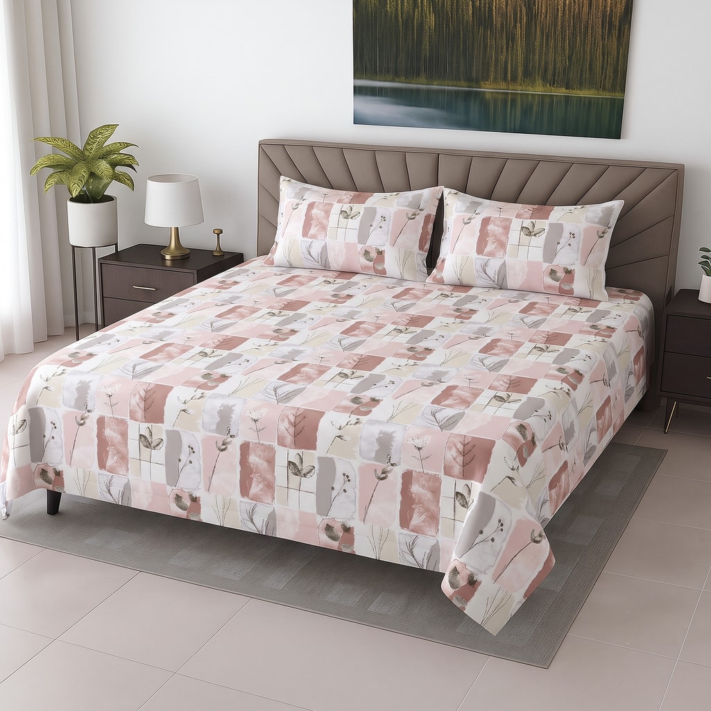 Multicolor Floral Cotton 400 Tc Flat Super King Size Bedsheet With 2 Pillow Covers