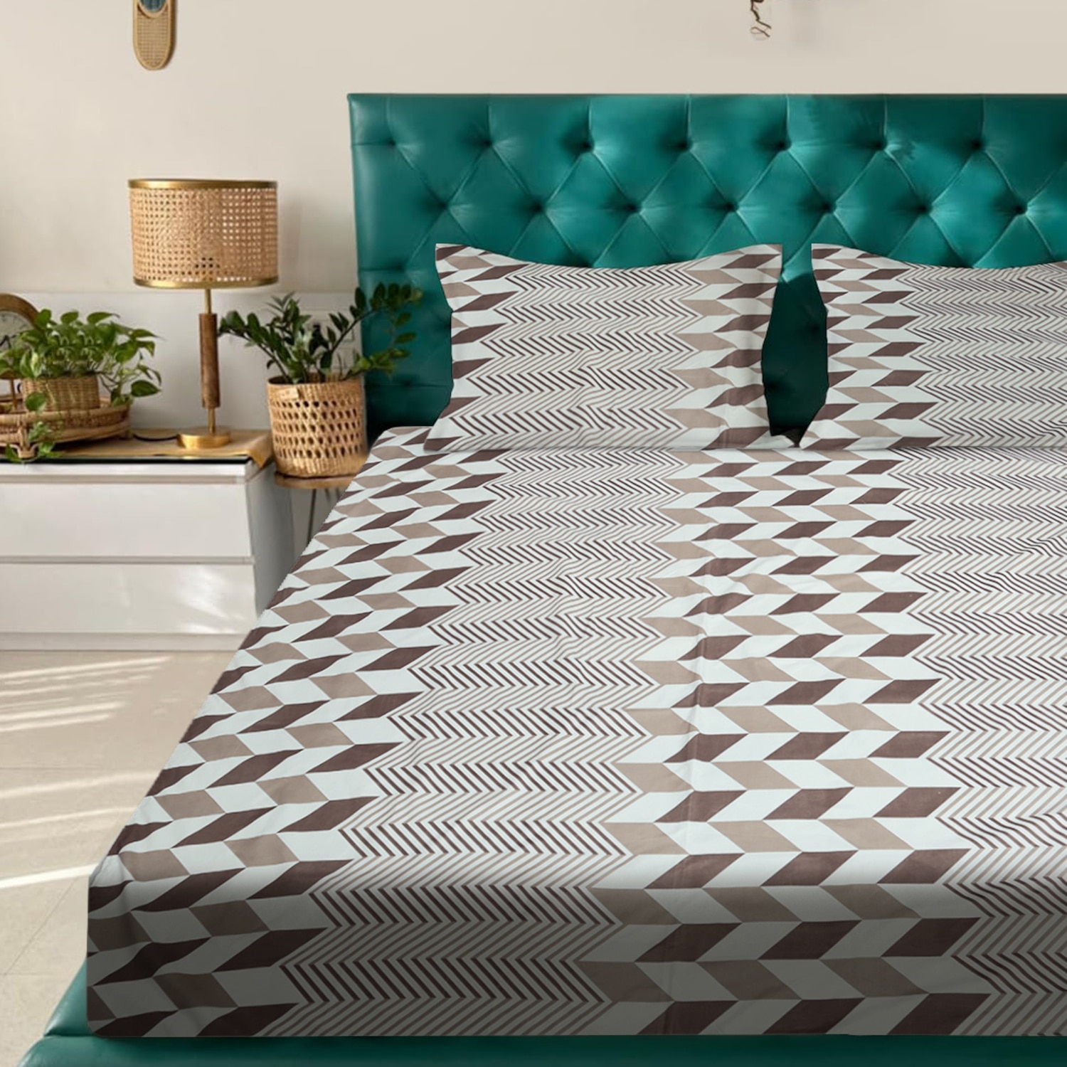 Light Brown Abstract 180 TC Flat 1 Queen  Bedsheet with 2 Pillow Covers