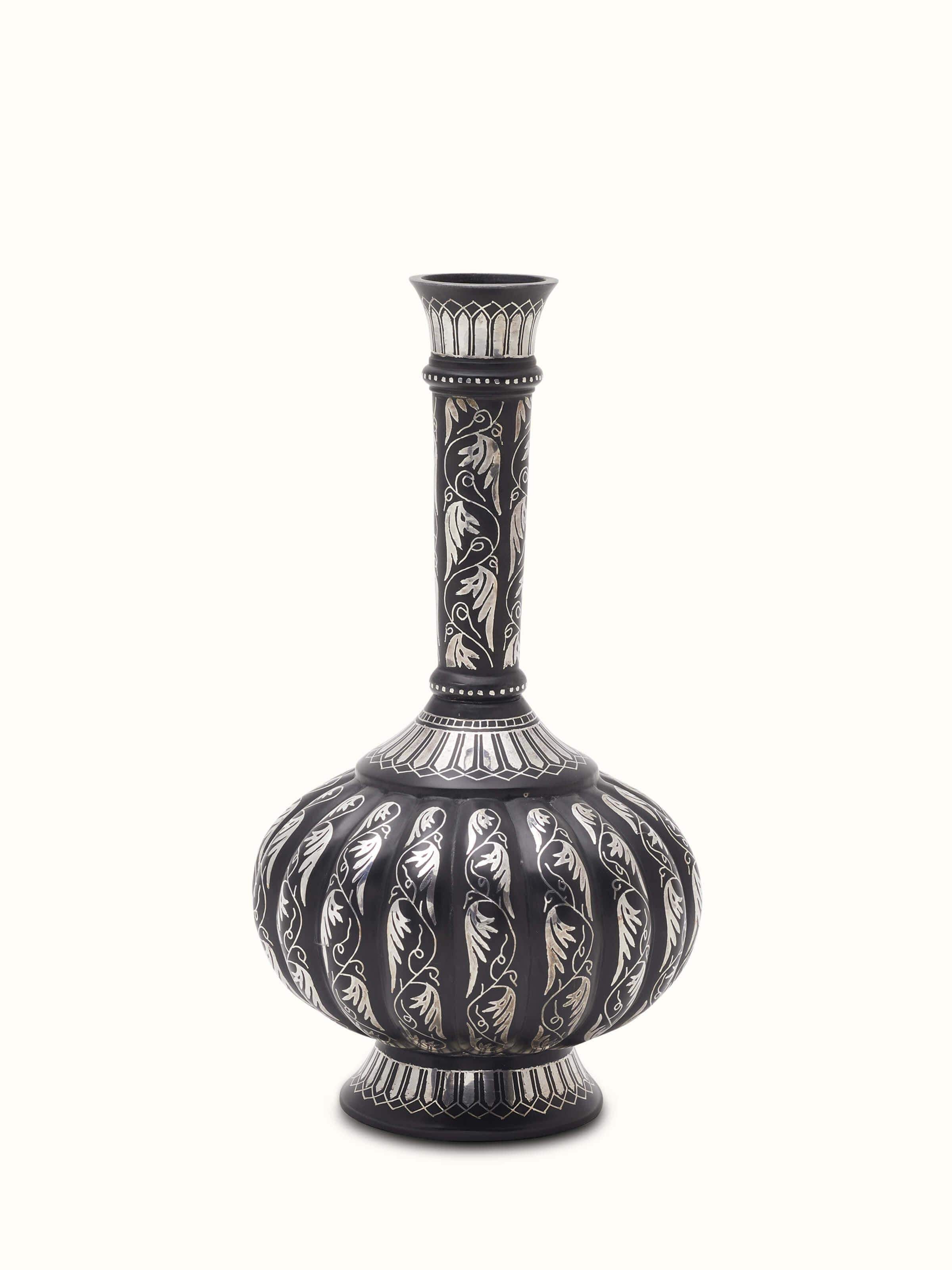 Front view of Bidri Zinc & Silver Small Vase by Swadesh, showcasing intricate Bidri artwork with zinc and silver accents.