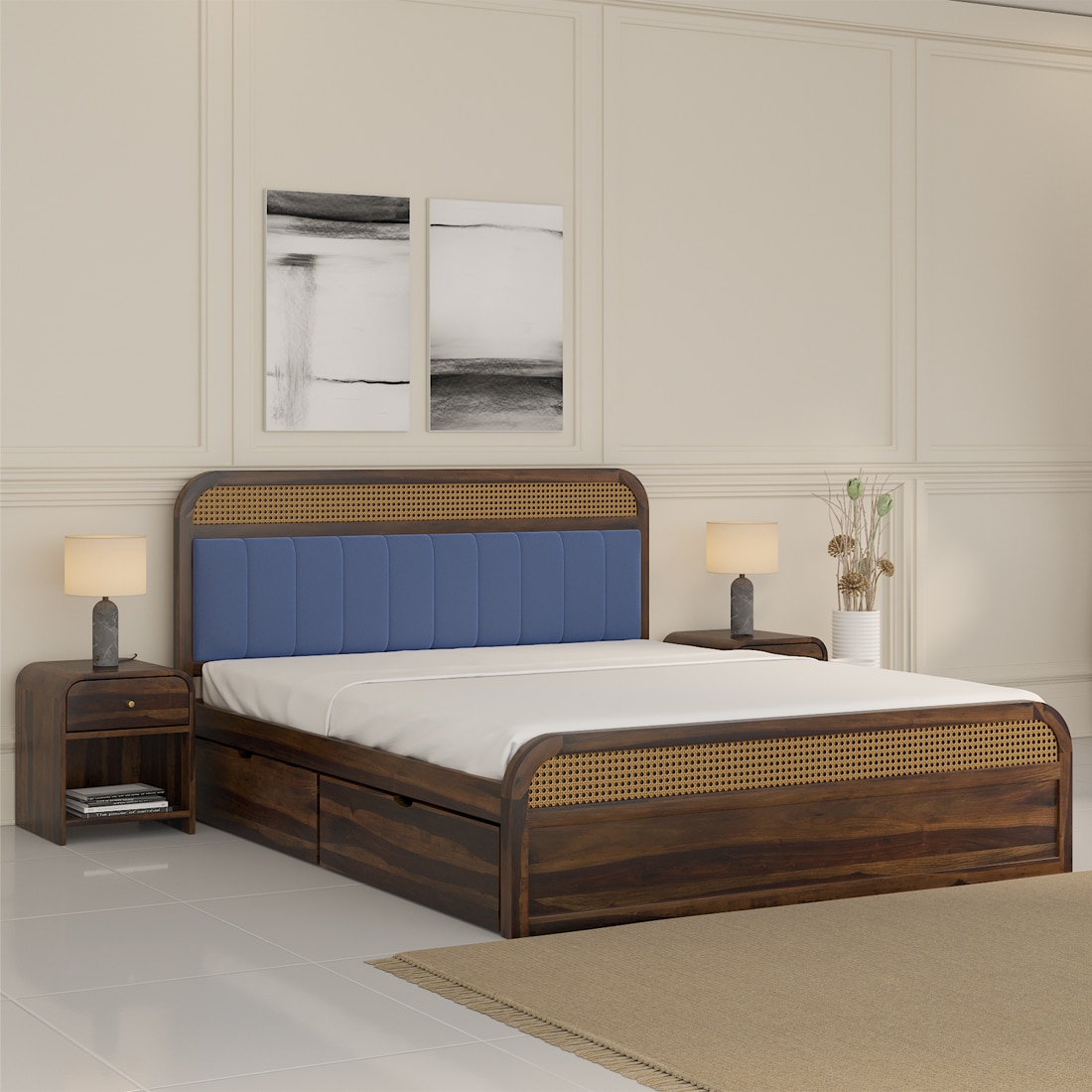 Yashvi Solid Wood King Size Side drawer Storage Bed In Provincial Teak Finish Blue 72x78 inch - Woodenmood