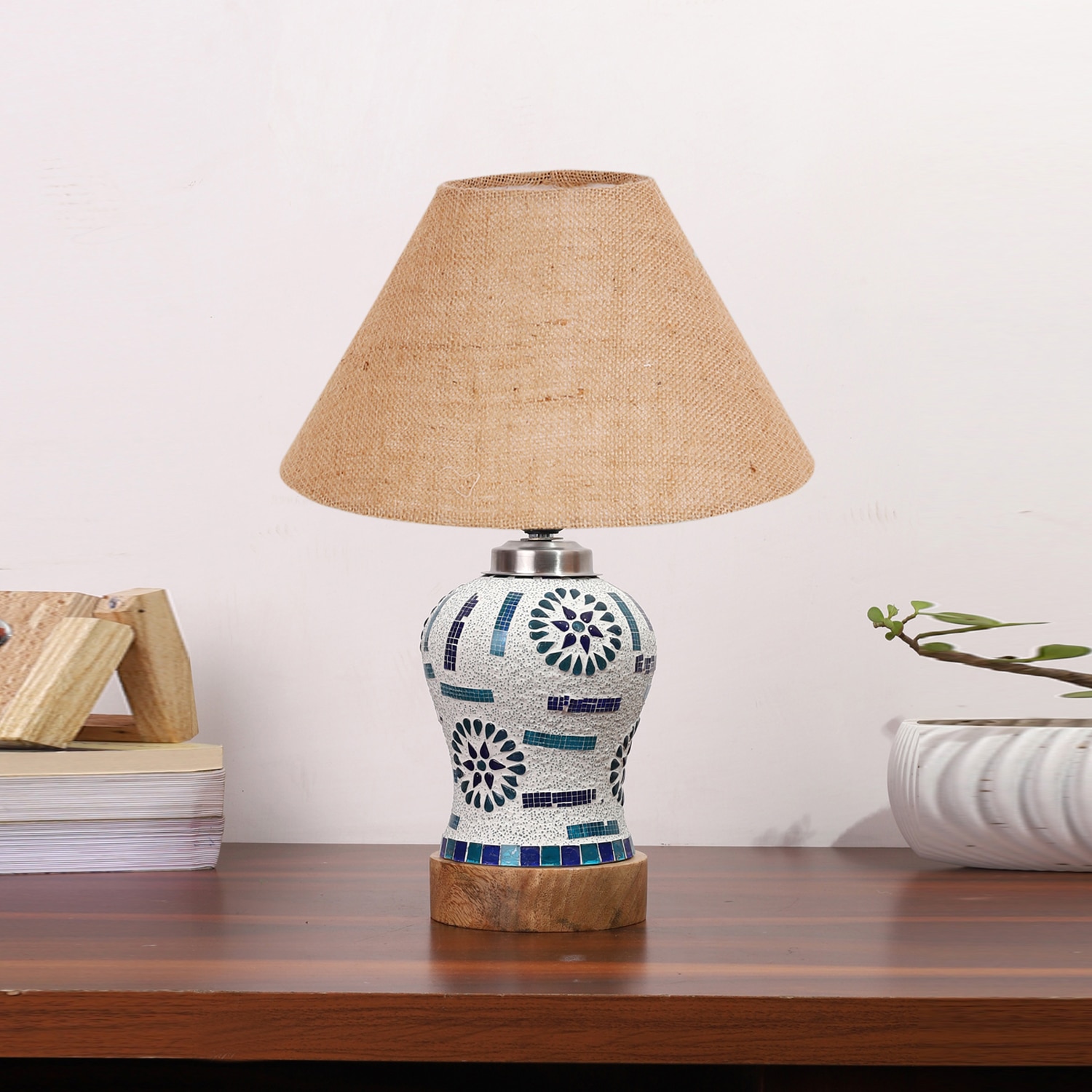 Devansh Conical Beige Jute Shade Lamp With Wood & Mosaic Glass Base For Decoration/Office/Home/Gifting/Study For Decoration/Office/Home/Gifting/Study -(10X10X14.5) Inches -A - Devansh