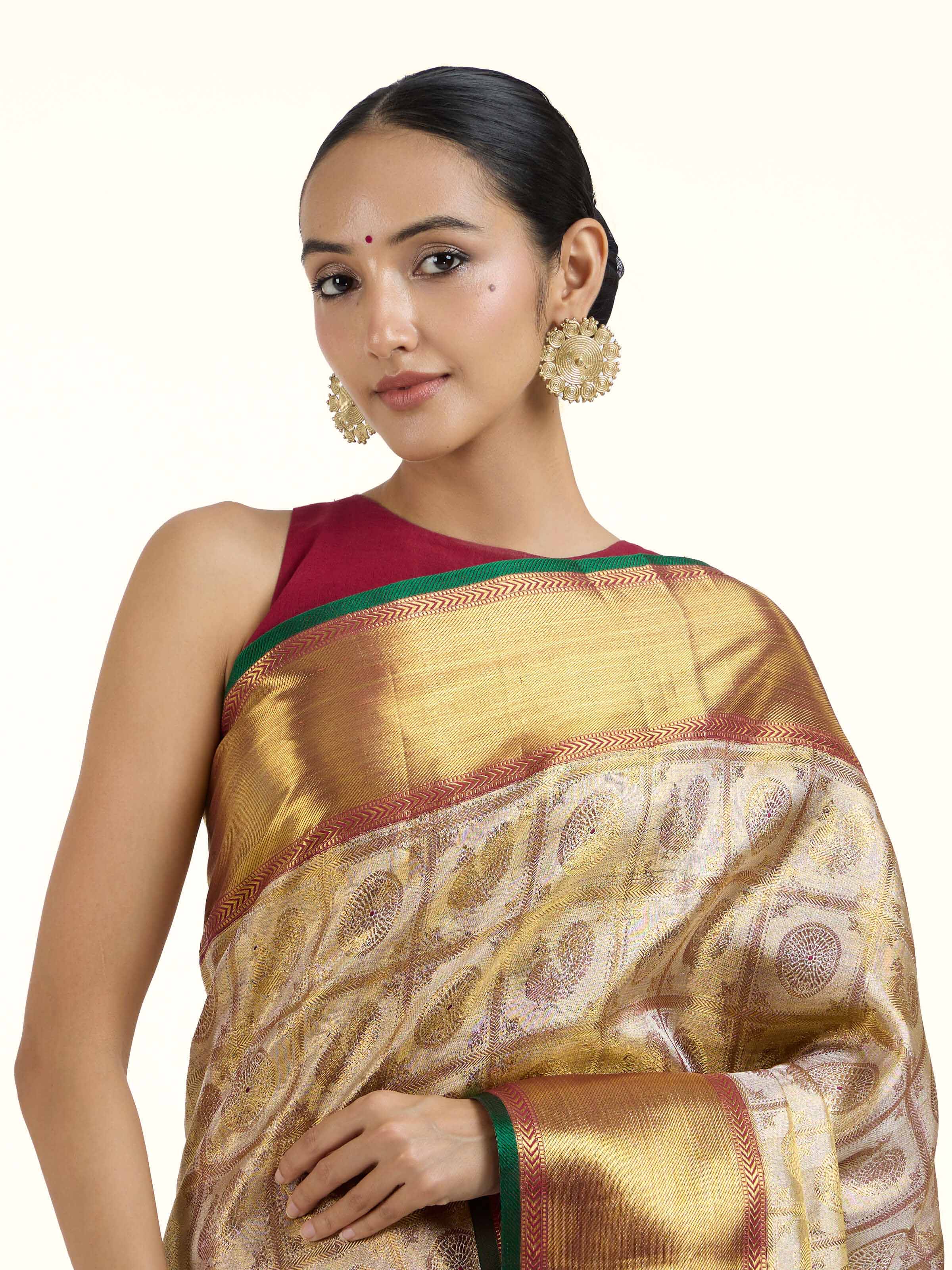 Angled view of the Gold Silk Kancheepuram Saree