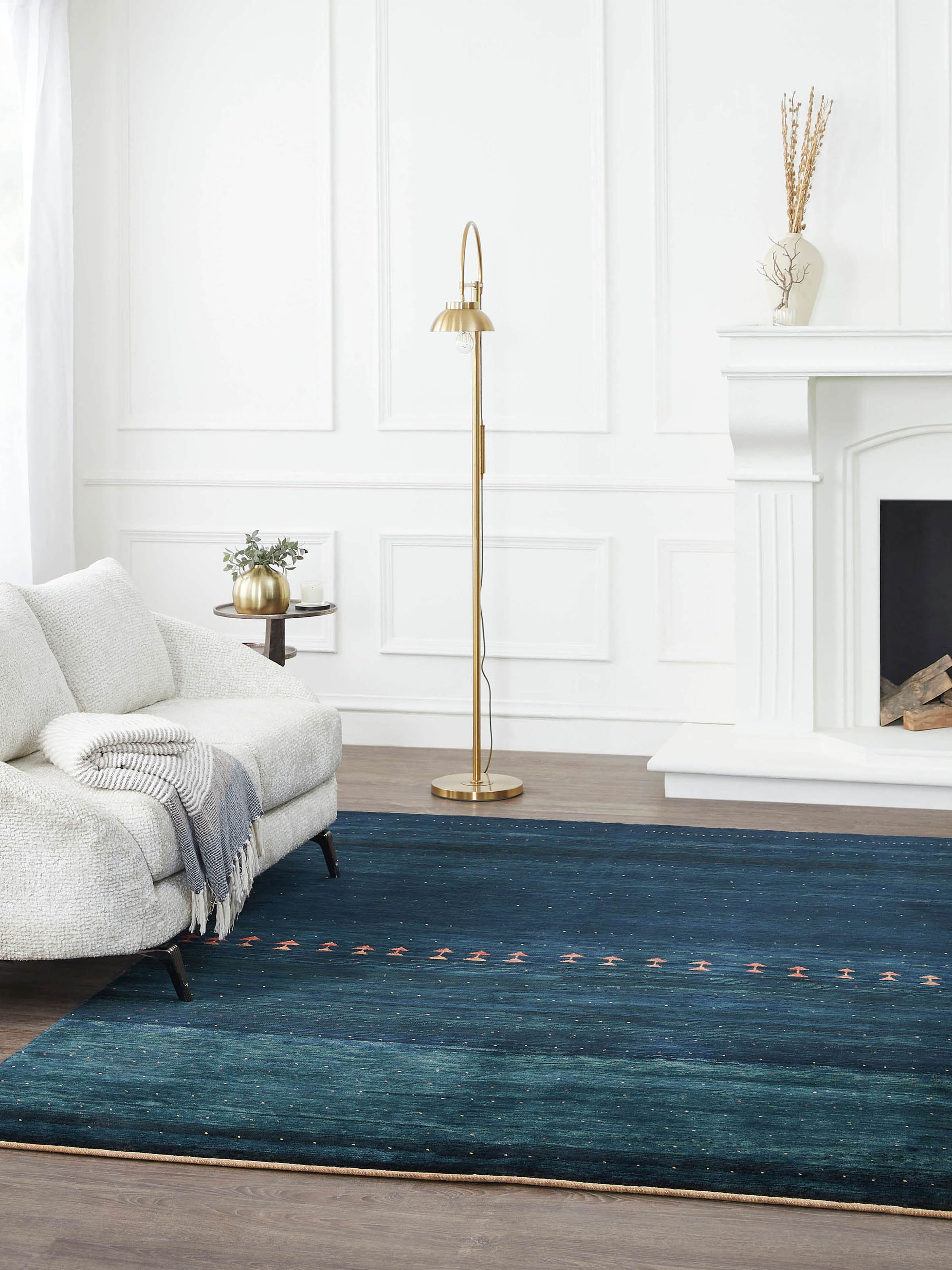 Detailed view of the Traditional Gabbeh blue Jaipur wool hand-knotted carpet, focusing on the texture.