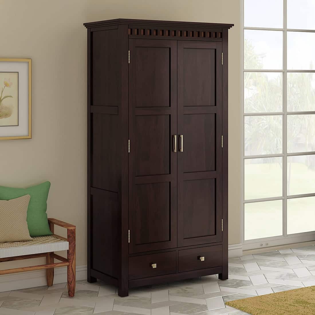 Fidora 2 Door Solid Wood Wardrobe in Mahogany Finish