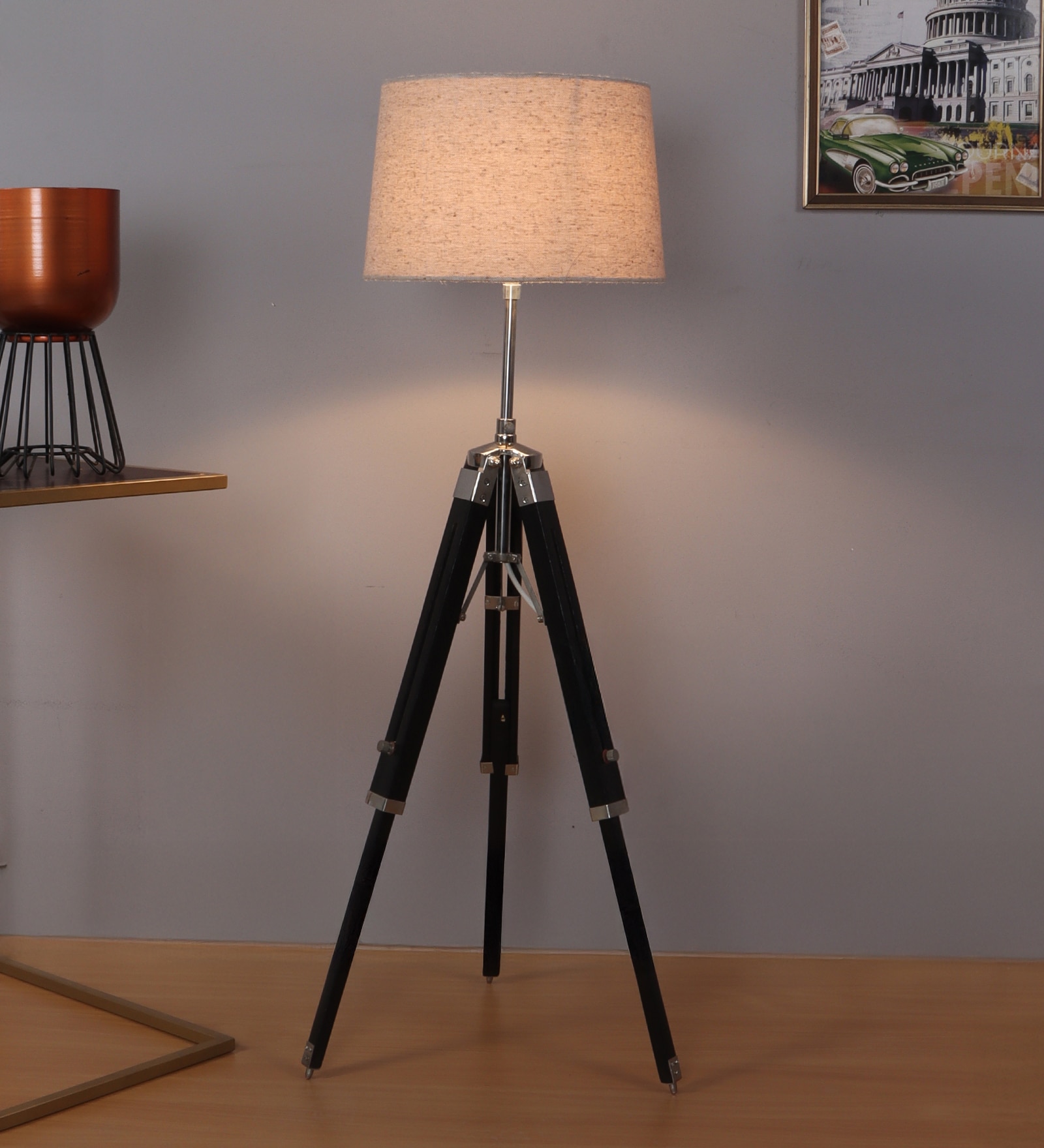 Black Dabbi Stand Floor Lamp in Beige Shade