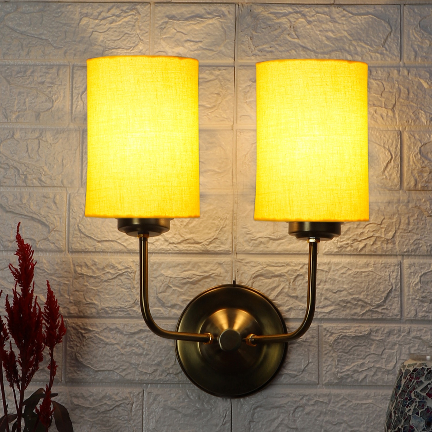 Devansh Metal Electric Wall Light in Gold Colour with Yellow Shade Count of 2 Lights - Devansh