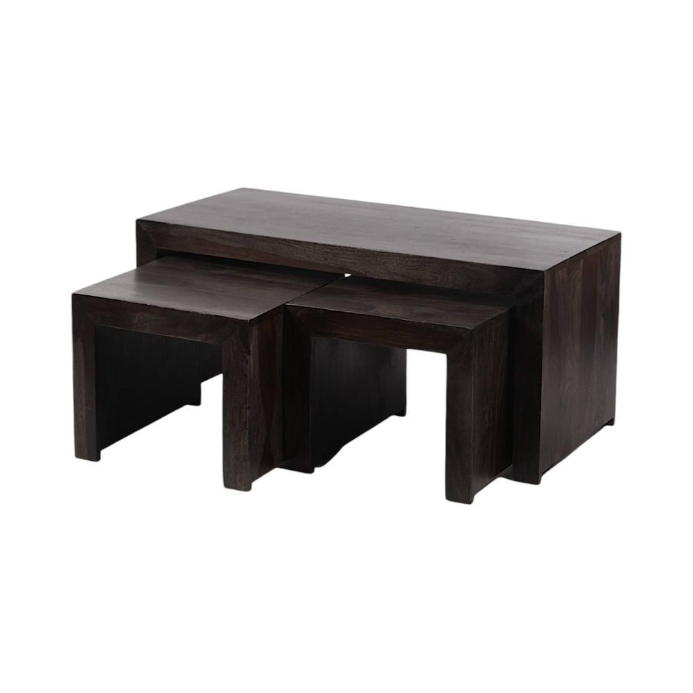 Kassel Sheesham Wood Coffee Table With 2 Stools Set In Mahogany Finish