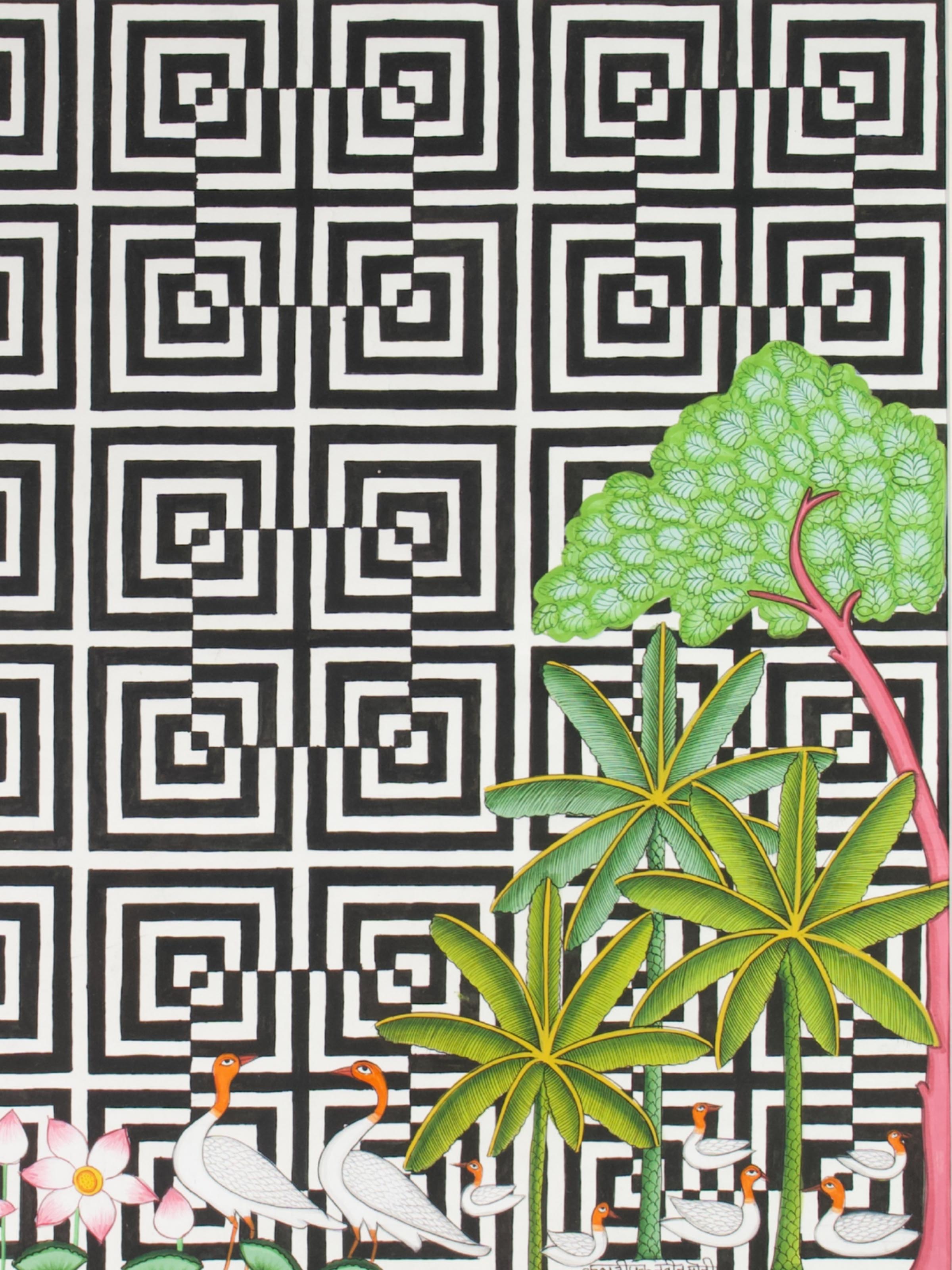 Sarus Geometric Illusion Pichwai Painting