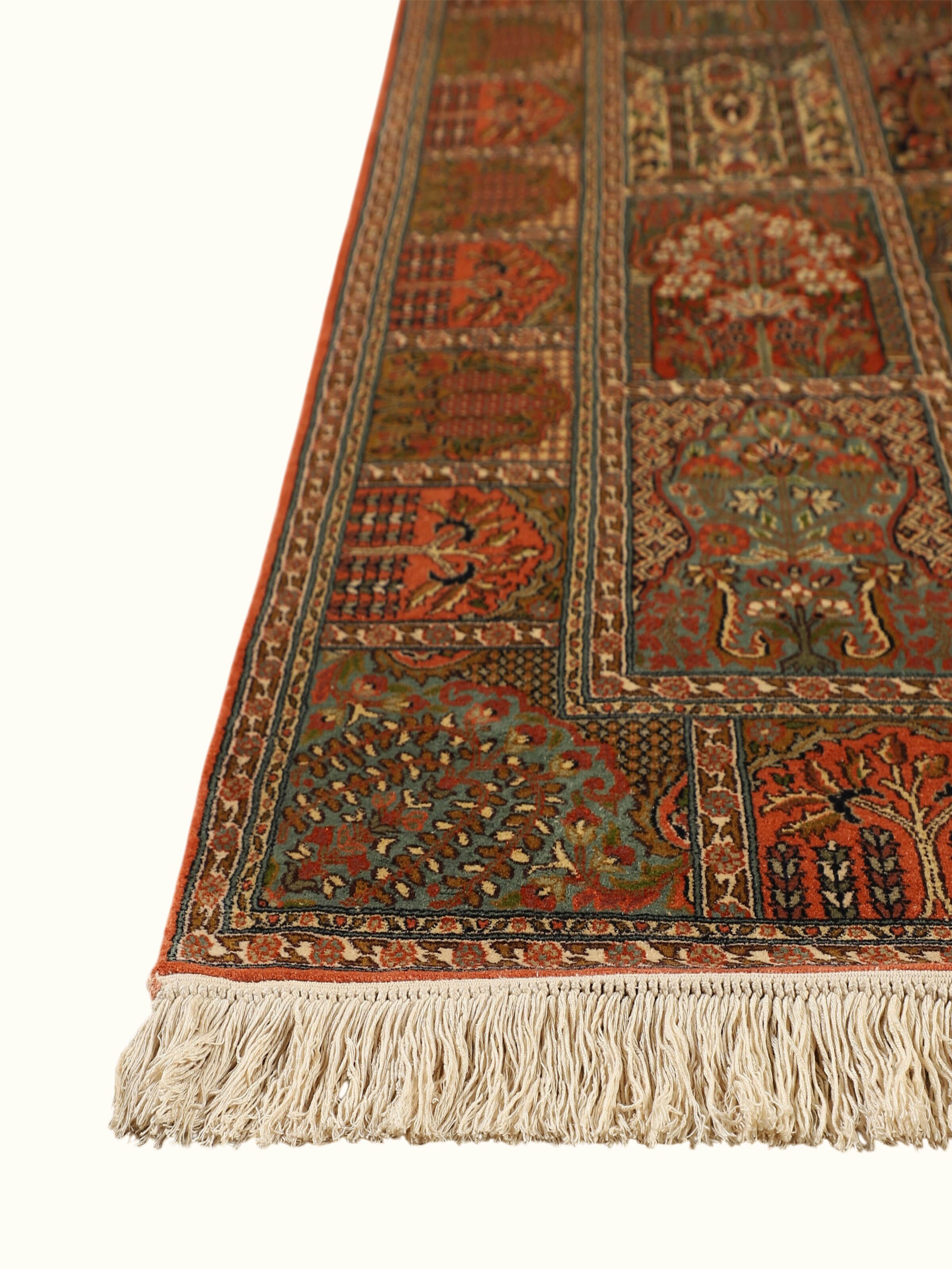 Traditional Persian Rust Blue Hamadan Kashmir Silk Hand-Knotted Carpet