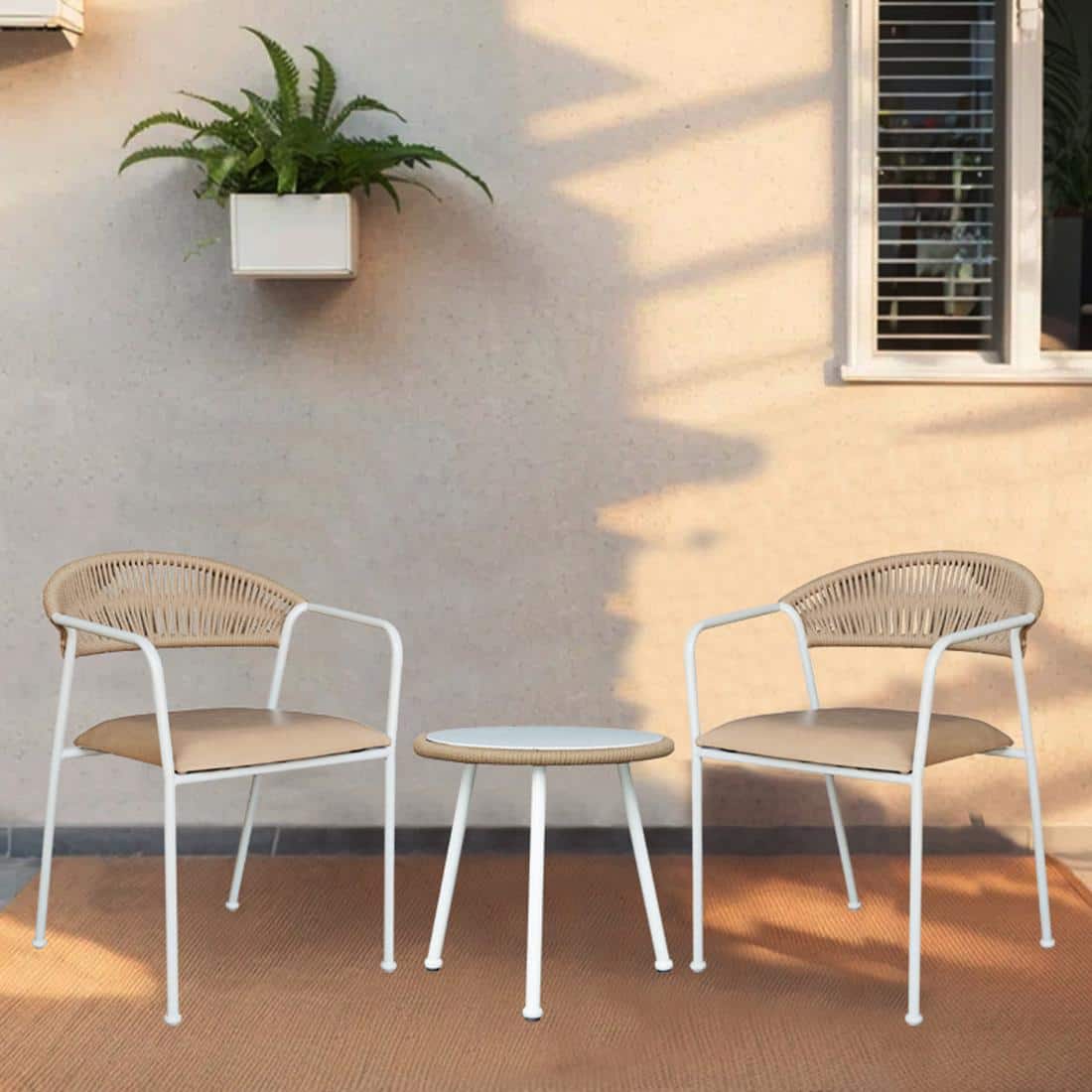 Costa Outdoor Table Set with 1 Table and 2 Chairs in Ivory White