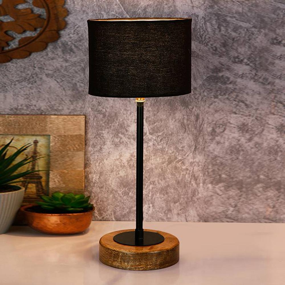 Xzavier Black Fabric Shade Table Lamp with Natural Wood & Iron Base - Devansh