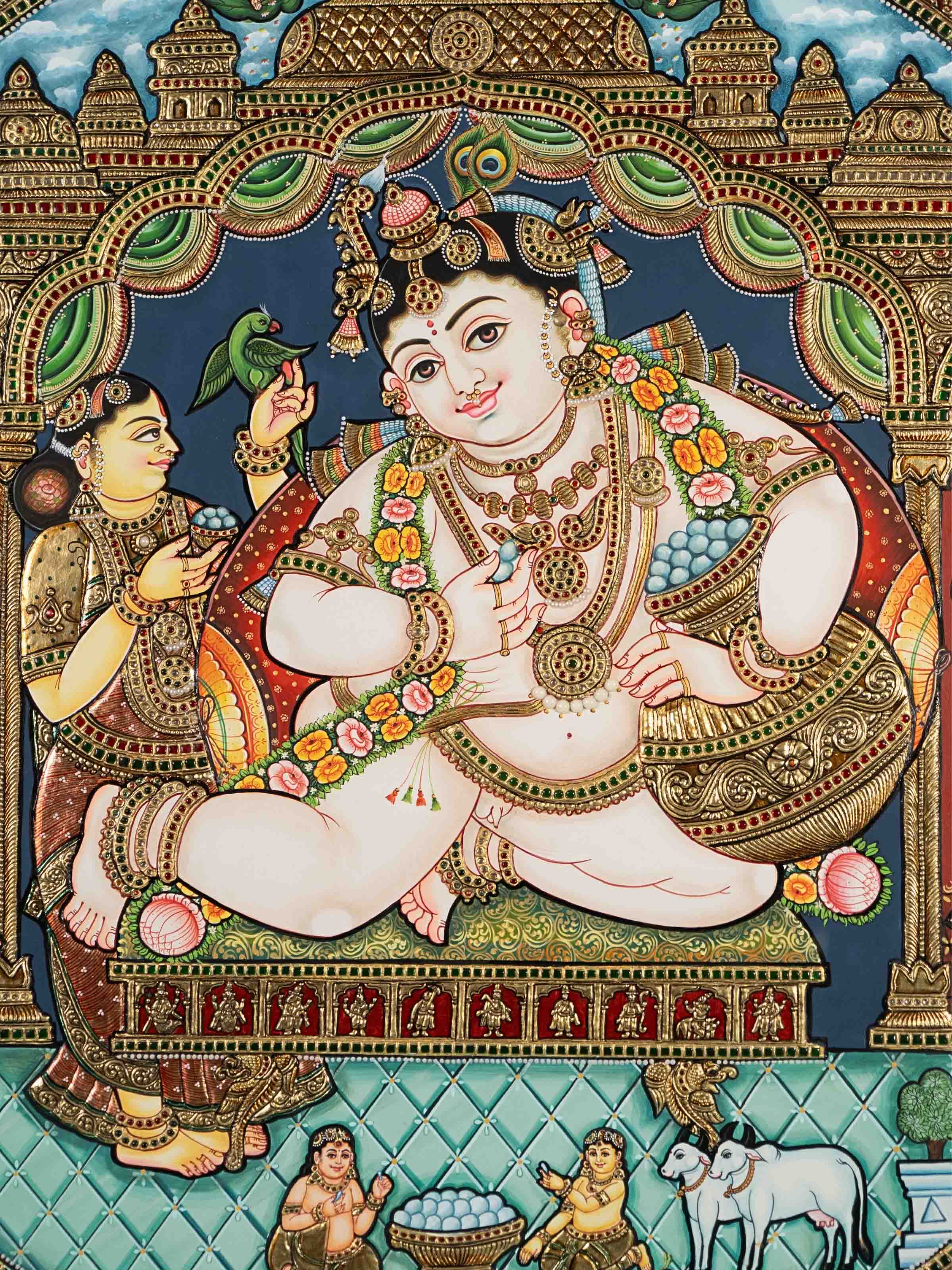 Front detail view of the Lord Krishna Life Events Thanjavur Painting