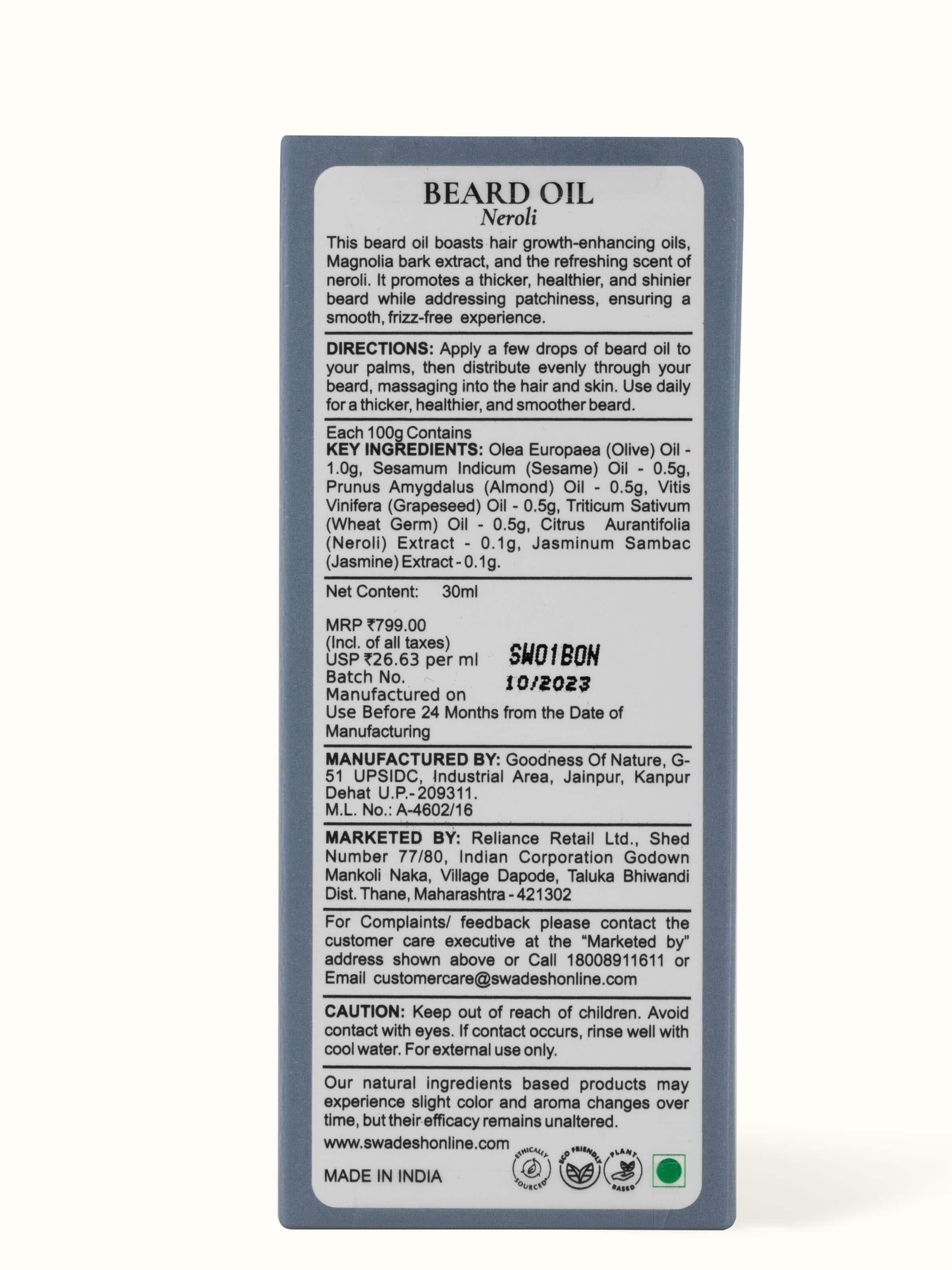 Detailed view of Beard Oil Neroli highlighting the oil texture and label information