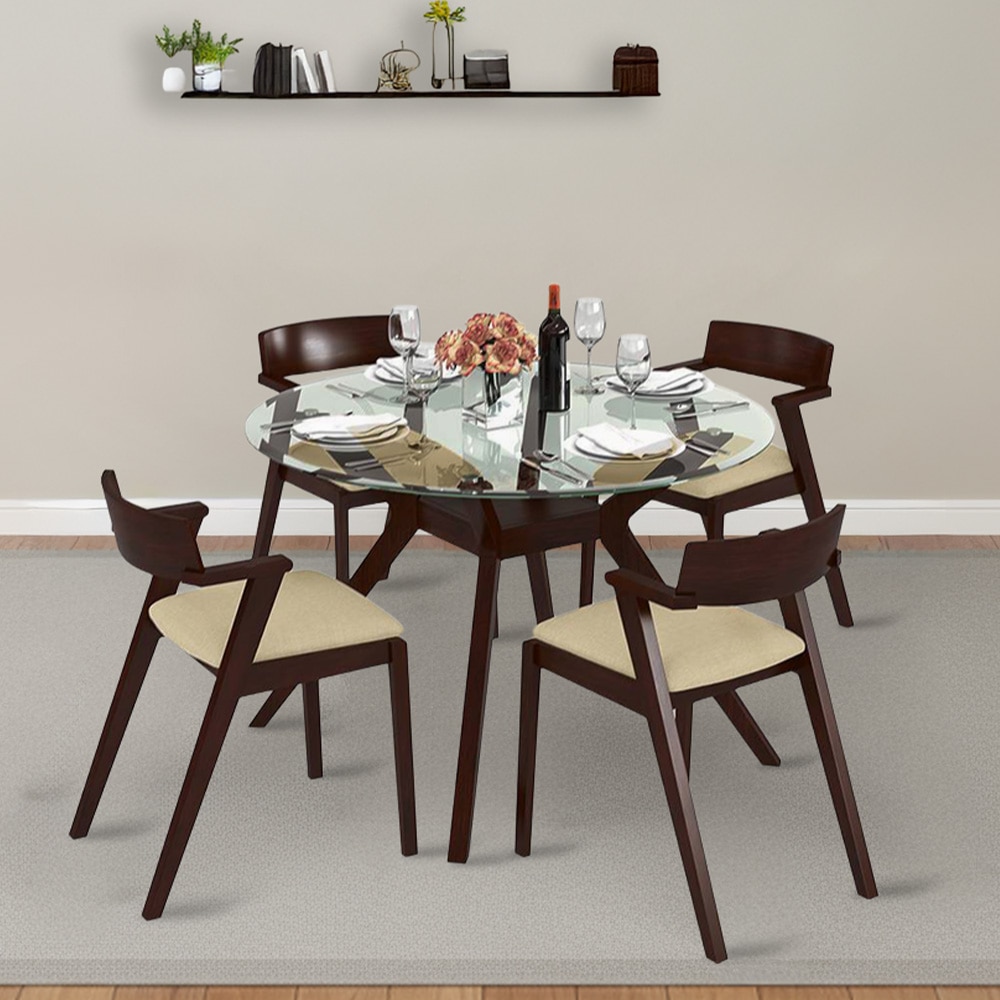 Wesley 4 Seater Round Glass Top Dining Table With 4 Thomson Chairs (Finish : Dark Walnut, Chair Colour : White)