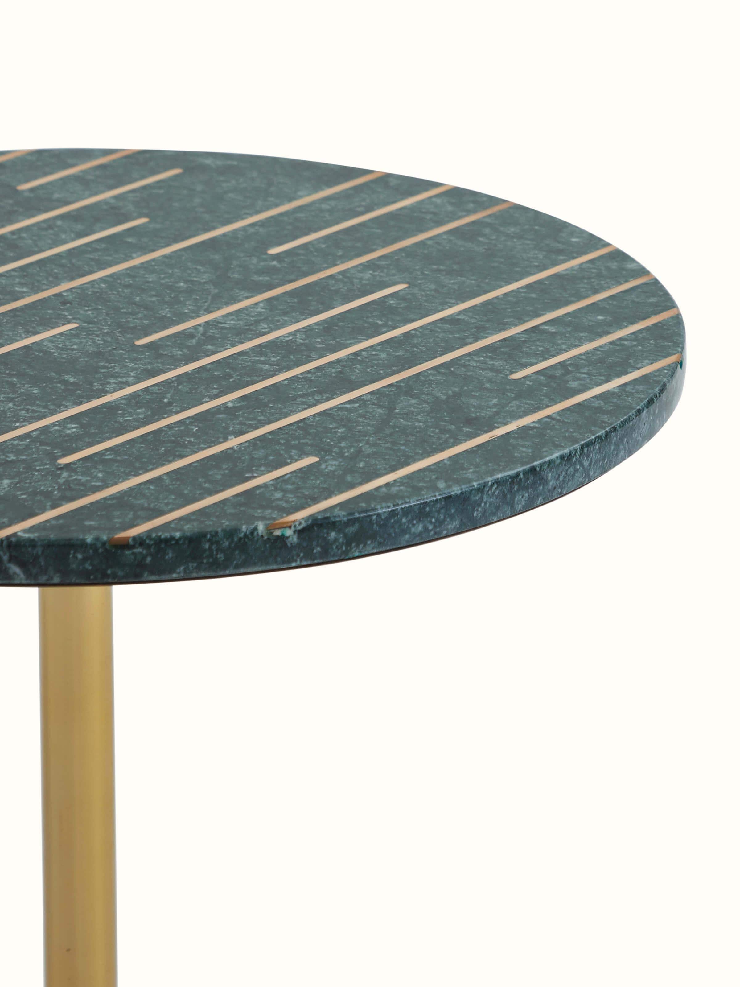 Detailed view of Brass Inlay Marble & Metal End & Side Table emphasizing fine craftsmanship and exquisite inlay patterns.