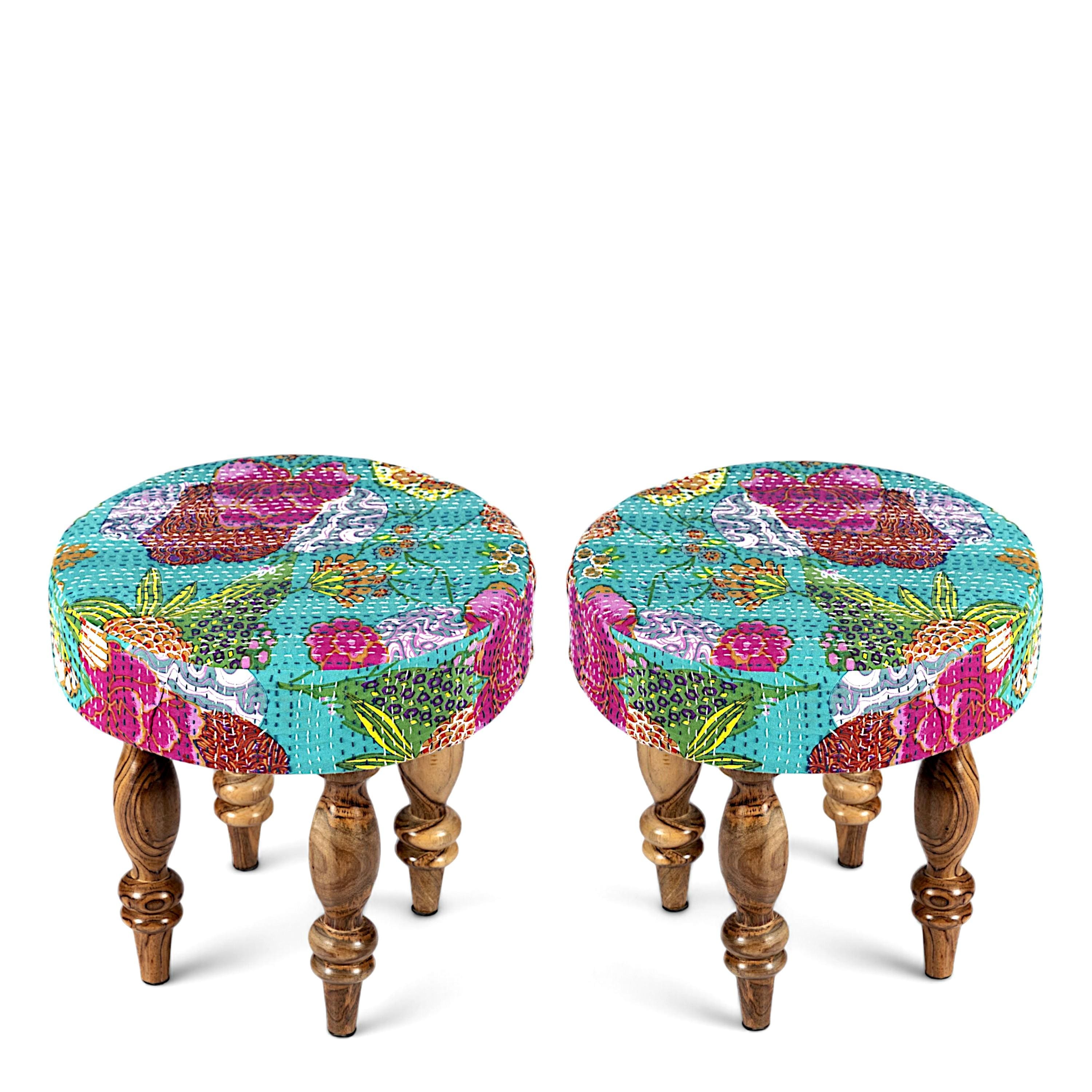 Cairo Sheesham Wood Mid Century Seater Bench Set With 2 Stools In Sea Green Fruit