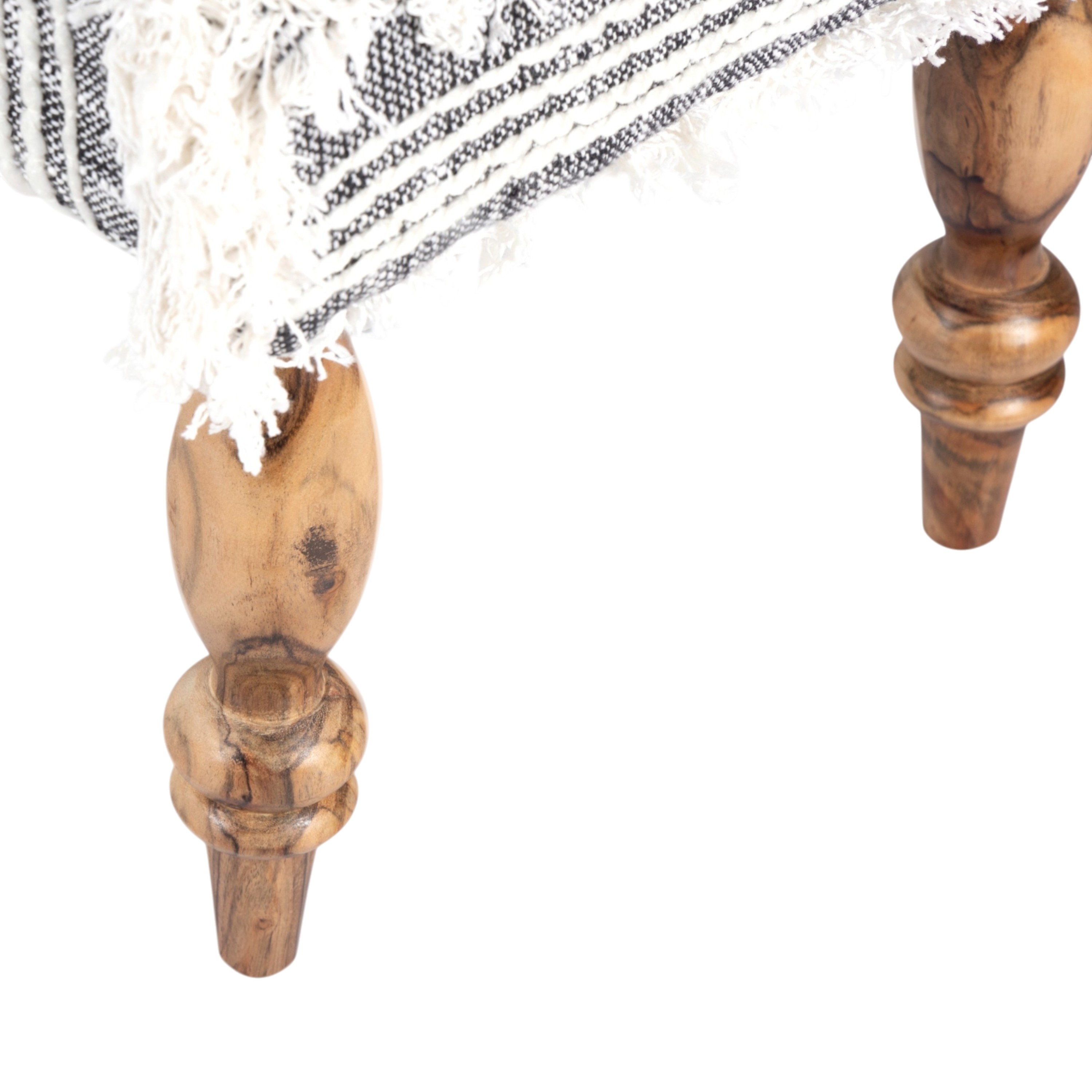 Lisbone Sheesham Wood Mid Century Square Set of 2 Stools in Grey Fabric   Fringes Upholstery