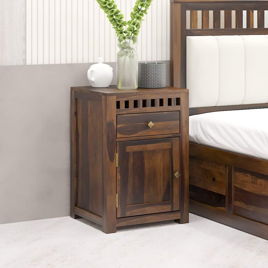 Vrinda Shesham Solid Wood 1 Door & 1 Drawer Bedside In Provincial Teak Finish