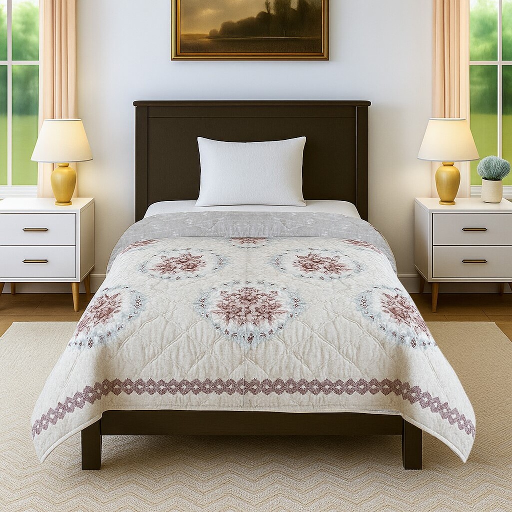 Cream Floral 300 Cms Cotton Single Bed Size Comforter From Threads - Threads