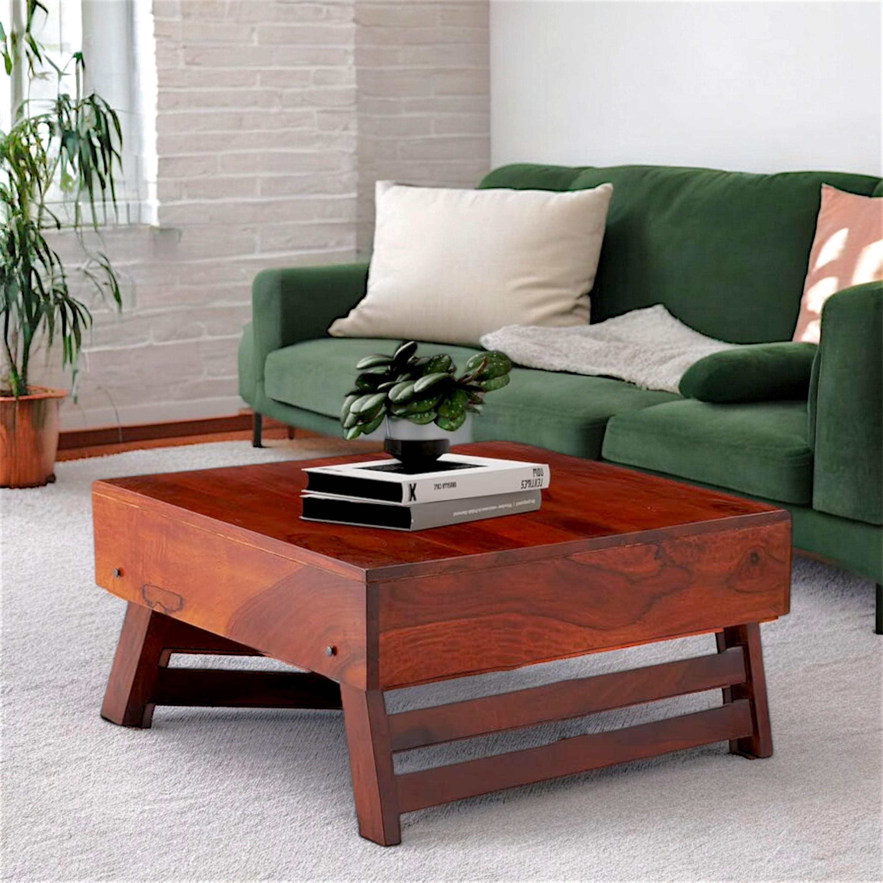 Bradford Sheesham Wood Contemporary Square Foldable Coffee Table In Honey Finish
