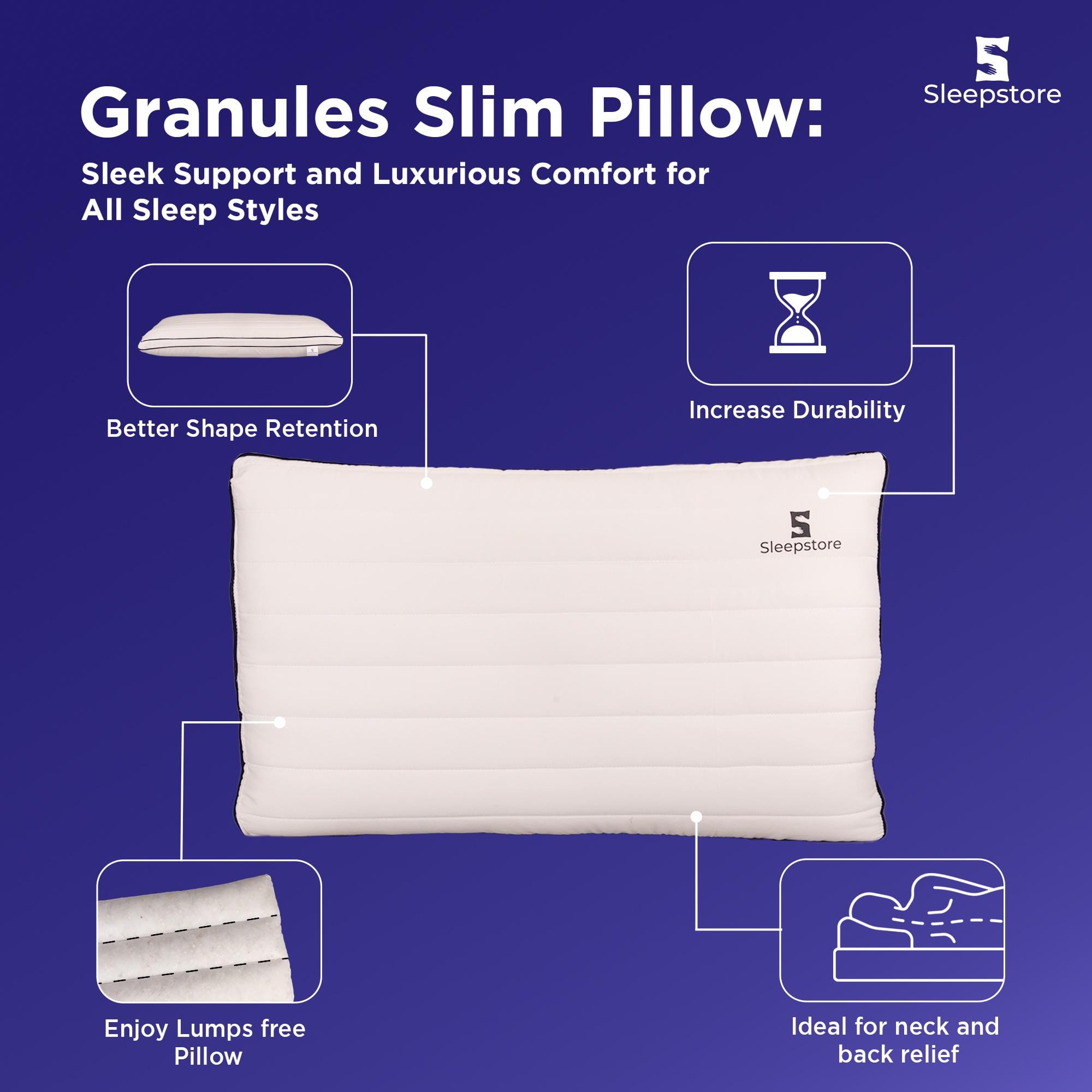 Granules Quilted Slim Pillow for Neck Support 27 X 18 Inches