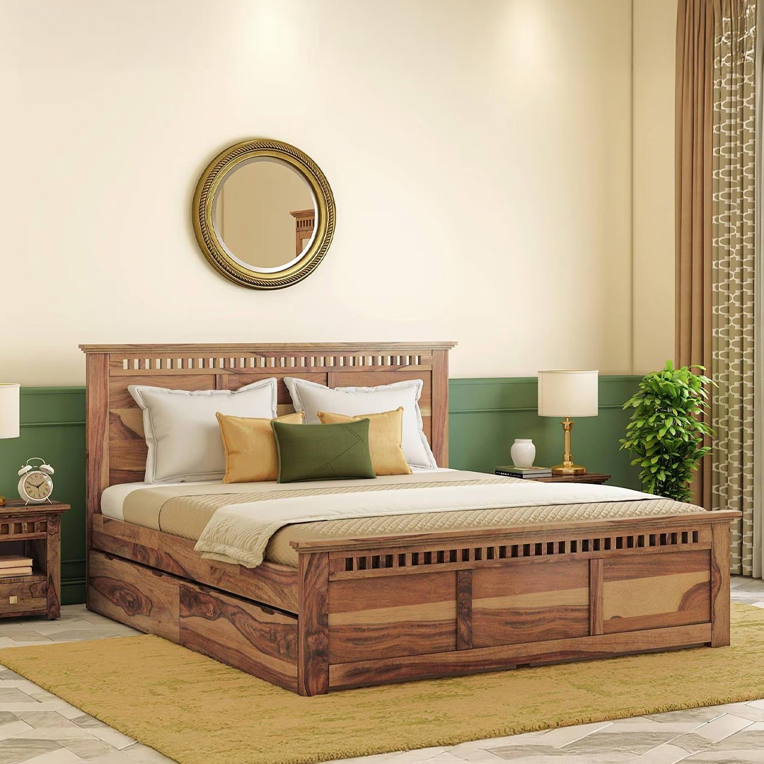 Fidora Solid Wood Queen Size Drawer Storage Bed In Teak Finish