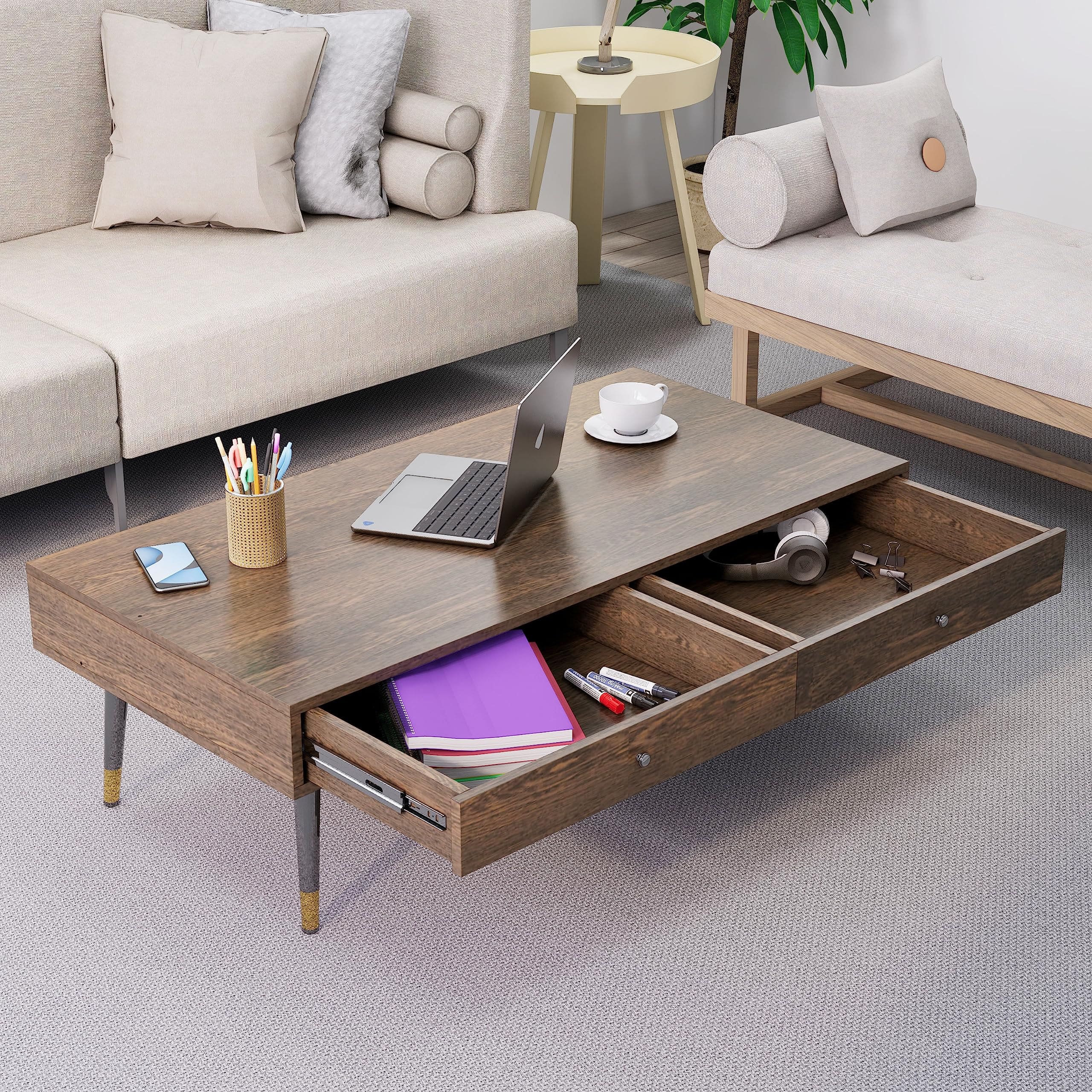 Hexa Engineered Wood Coffee Table With 2 Drawers In Flower Wenge - HexaRed