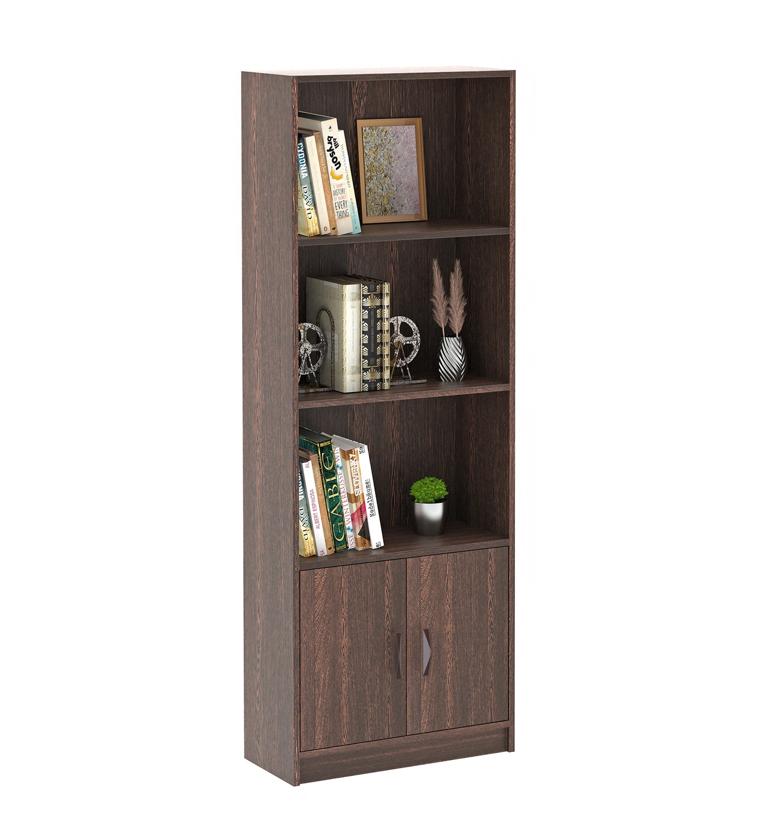 BLUEWUD Seonn Engineered Wood Bookshelf Crockery Storage Cabinet, Book Rack Organizer with Shelves for D�cor Display & 2 Doors, Storage Unit for Office Library Home (Wenge, Without Drawer)