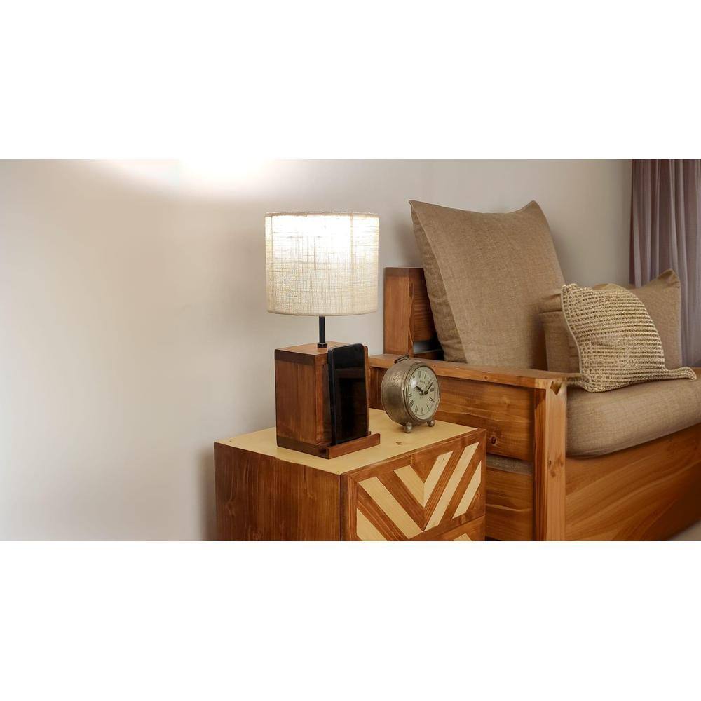 Moby Brown Wooden Table Lamp with Yellow Printed Fabric Lampshade