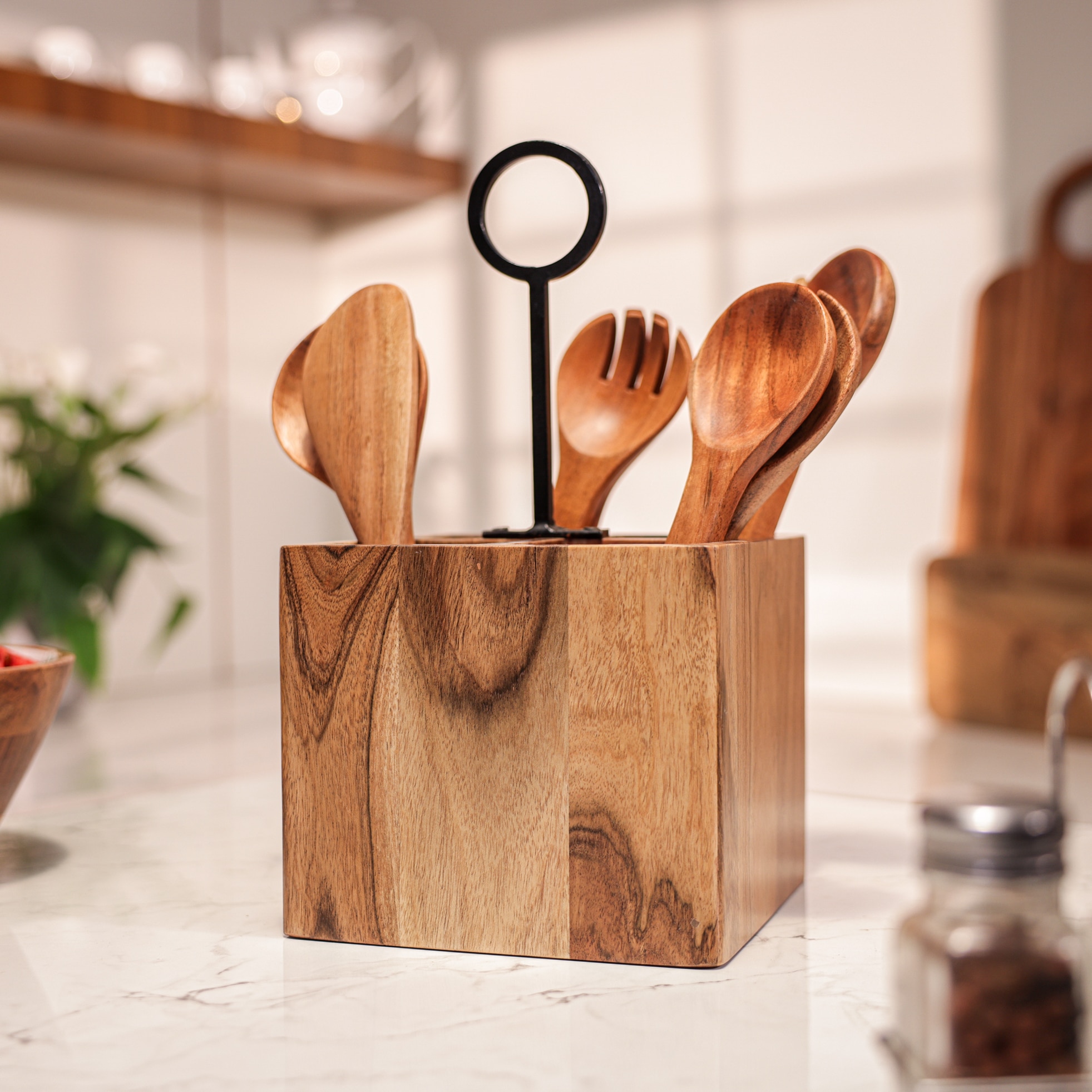 Ireka Home Block Buddy Utensils Holder – Wooden Cutlery Organizer Stand - Ireka Homes