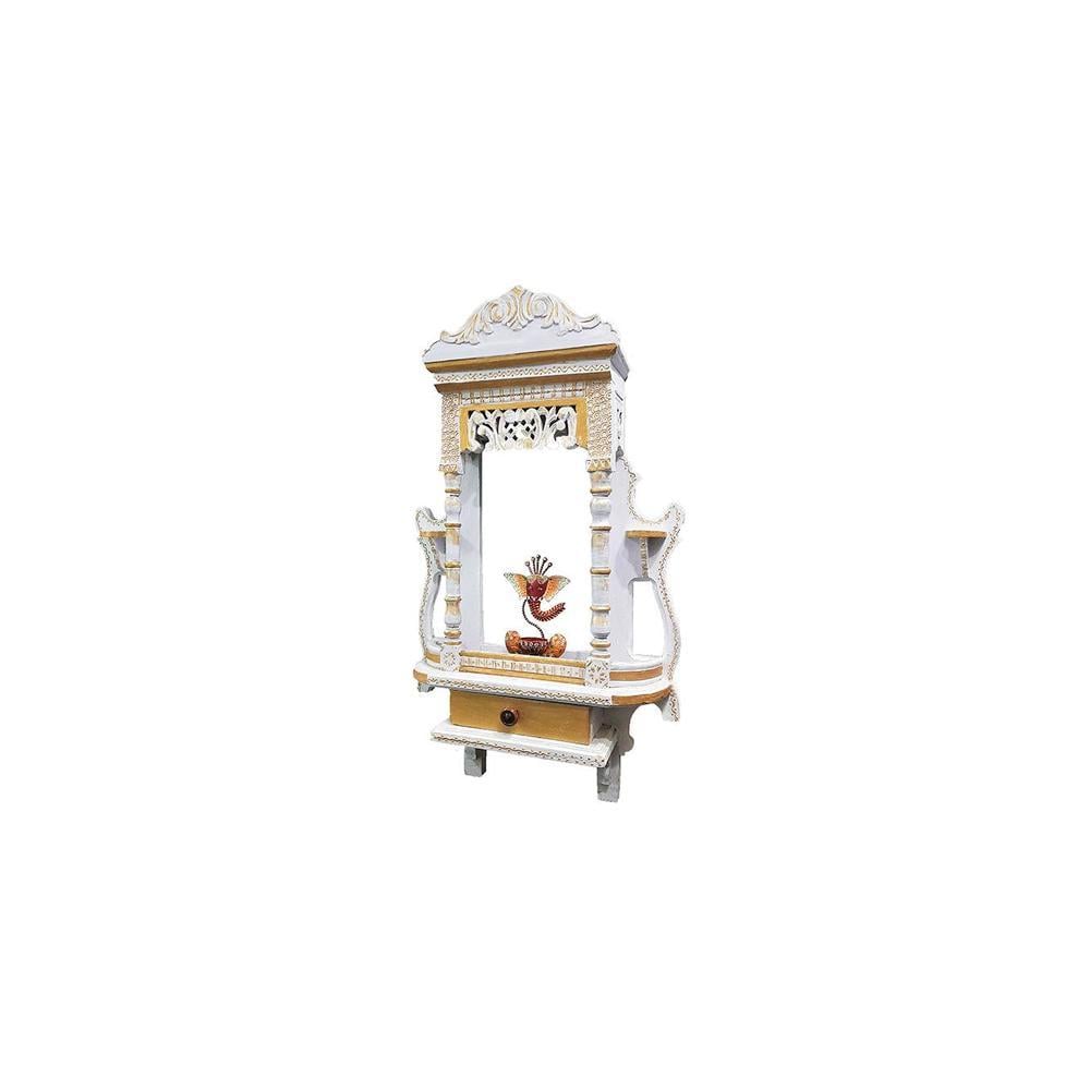 Handmade Wooden White Jharokha cum Pooja Shelf with Drawer