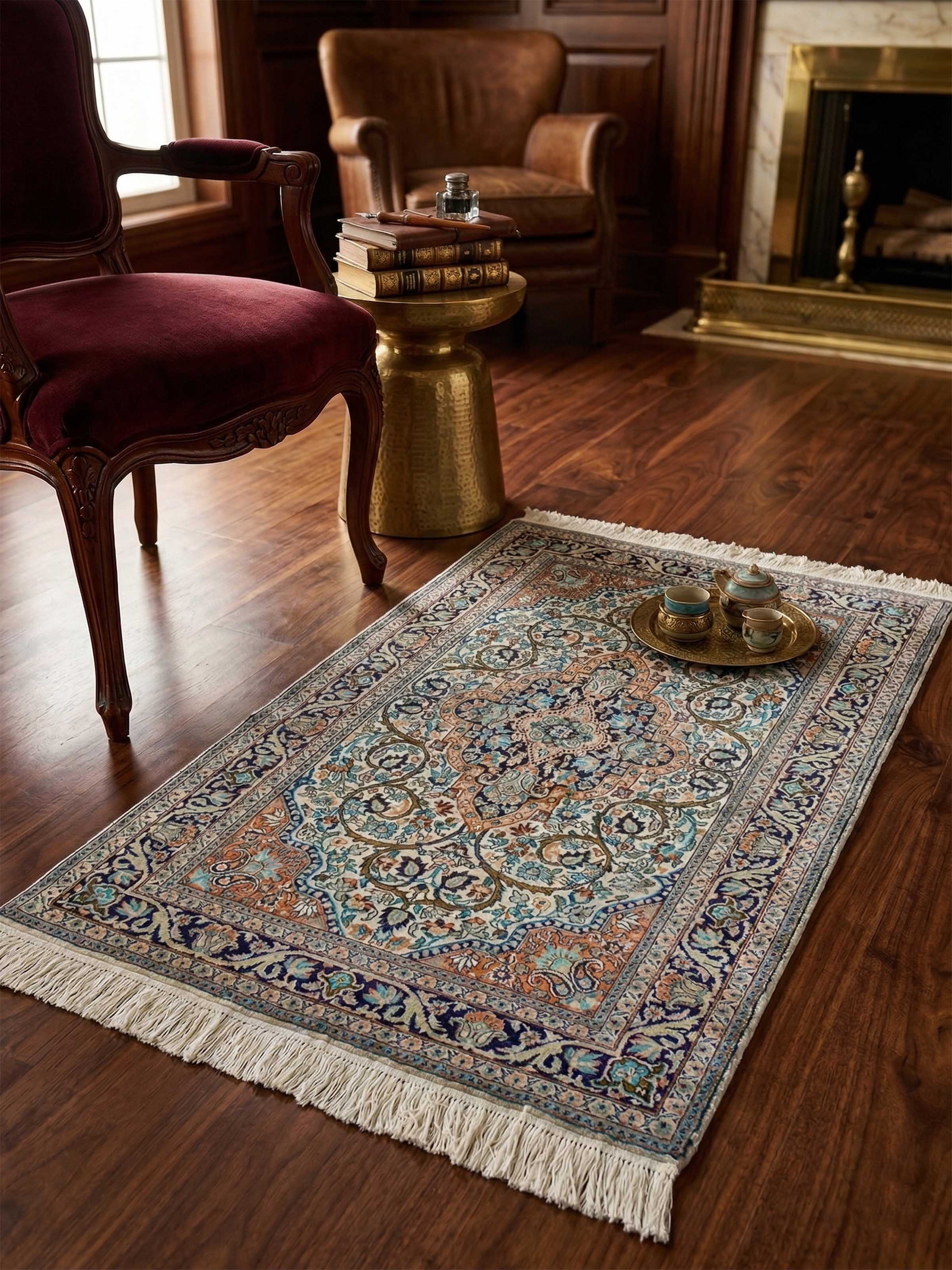 Traditional Persian Ivory Rust Tabriz Kashmir Silk Hand-Knotted Carpet