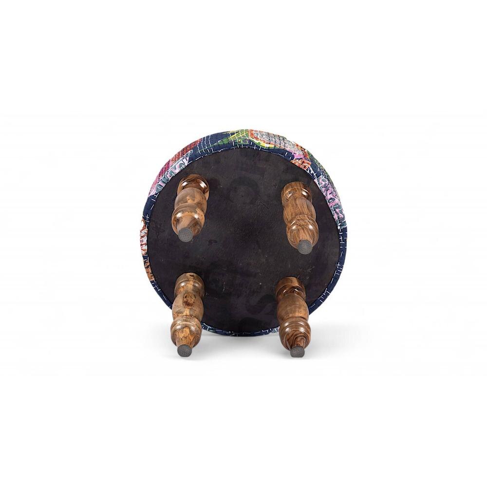 Roswell Sheesham Wood Mid Century Round Stool in Fruit Print Blue Kantha Upholstery