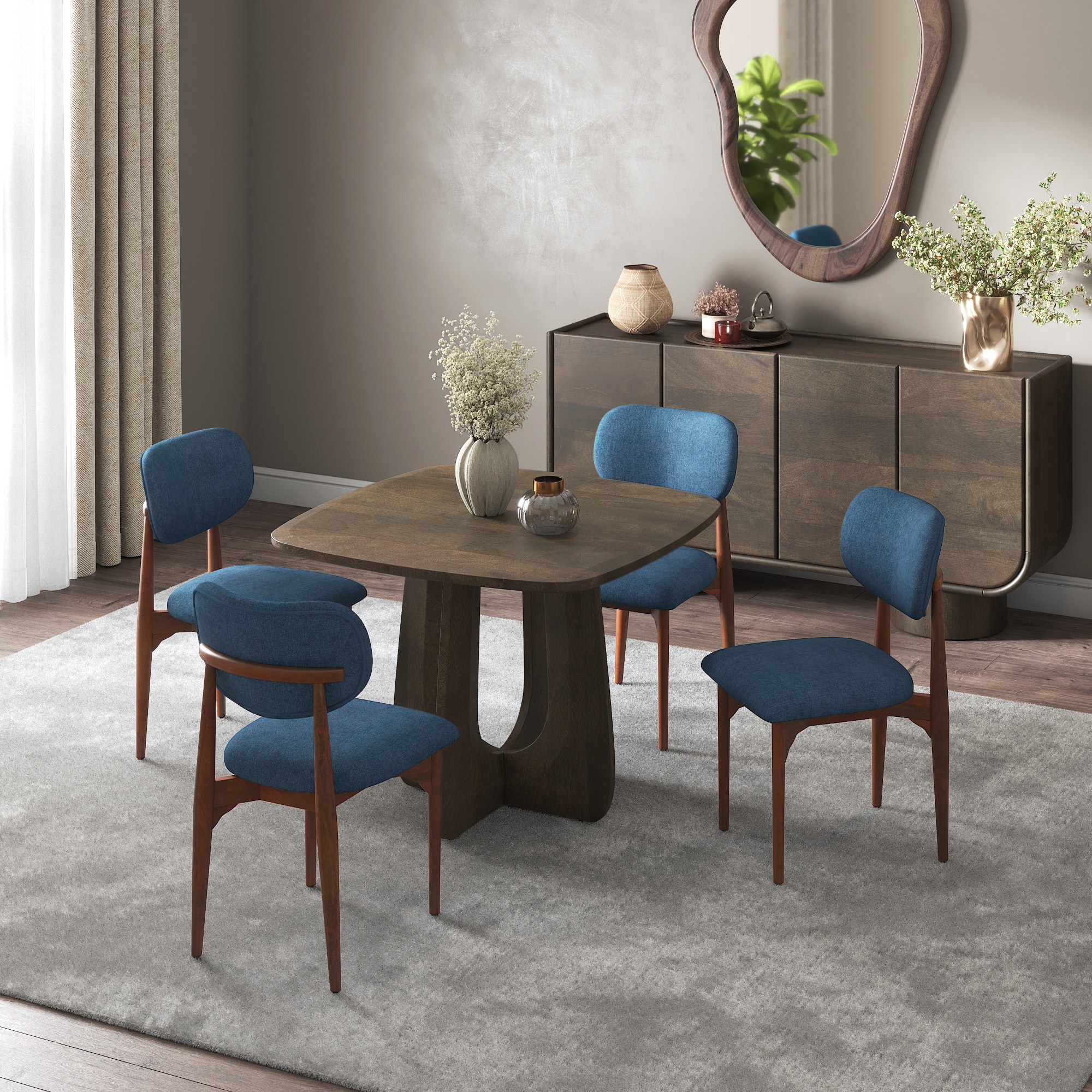 Aero Solid Wood 4 Seater Dining Table With 4 Ollie Dining Chairs (Finish : Danish Walnut, Chair Colour : Baltic Blue)