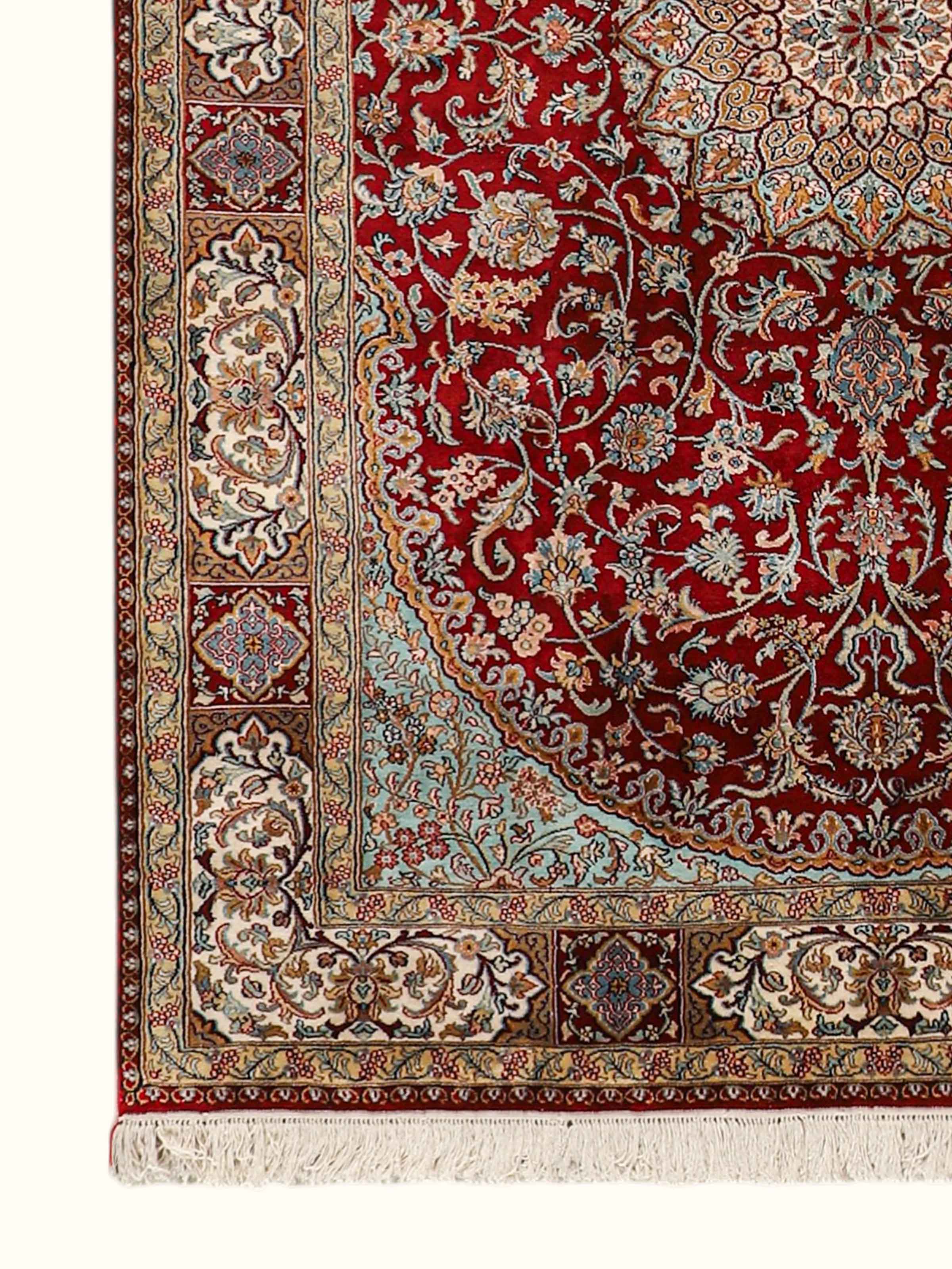 Traditional Persian Red Ivory Kerman Kashmir Silk Hand-Knotted Carpet