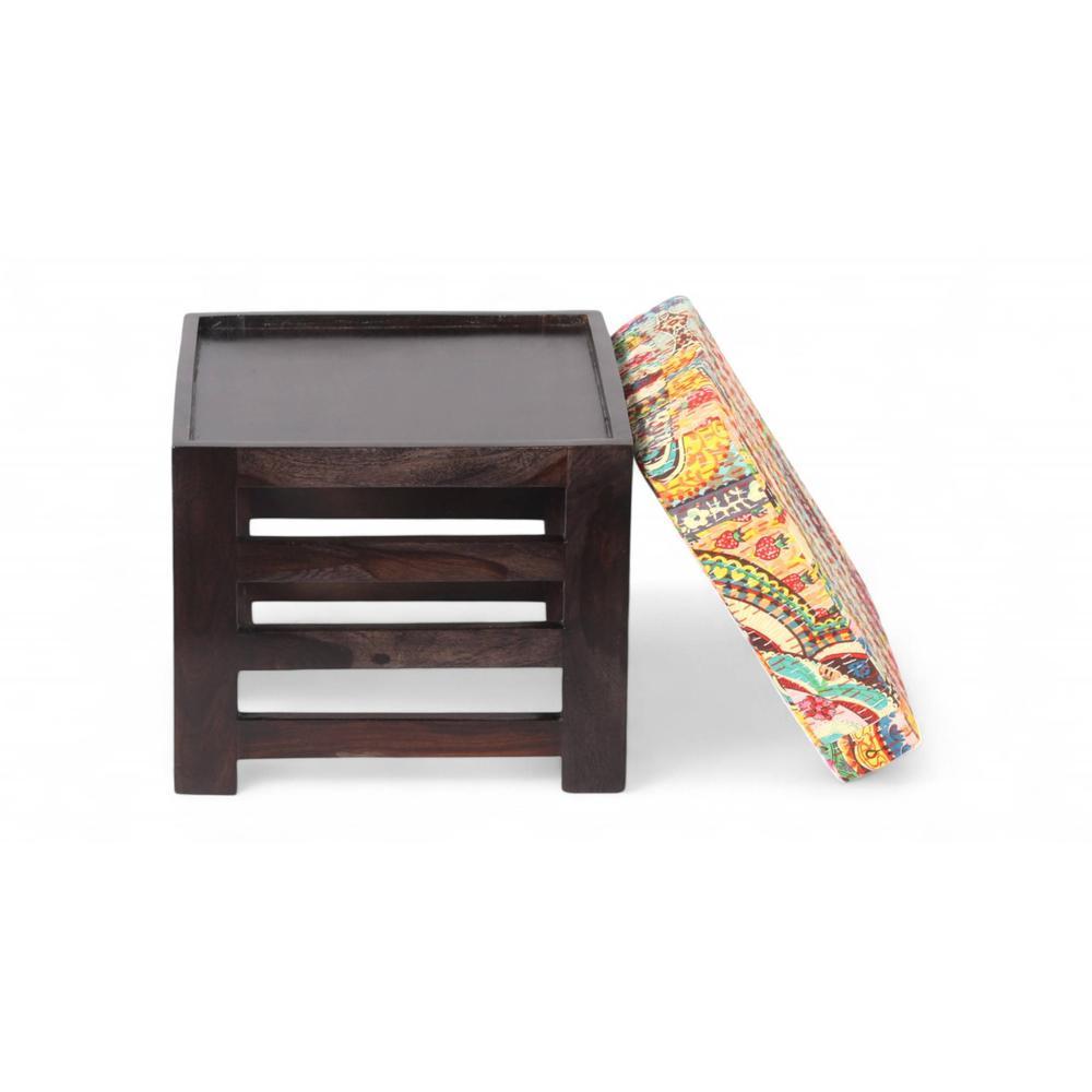 Houston Sheesham Wood Stool in Mahogany Finish & Multi Colour Israel Print Kantha fabric Cushion