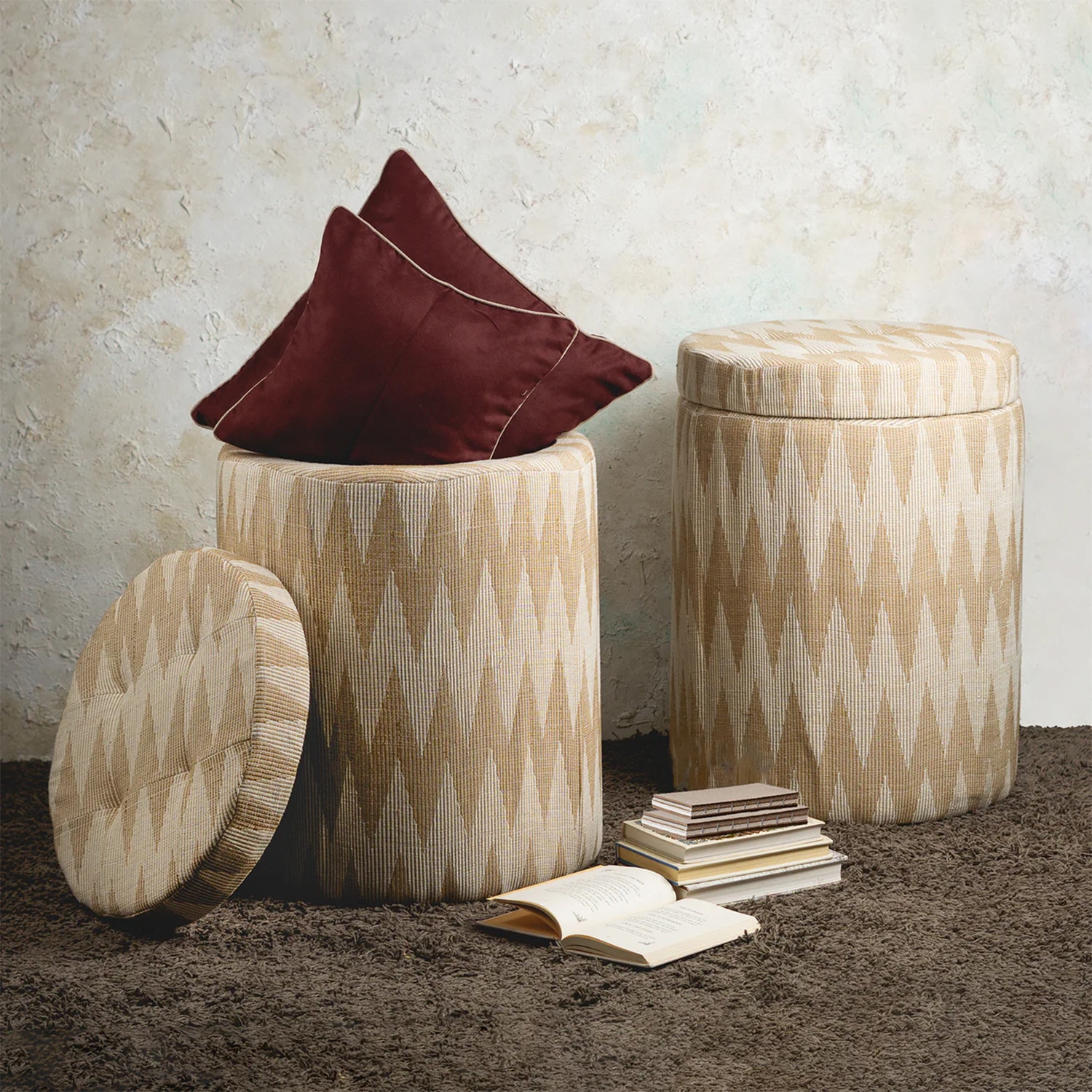Crest Jacquard Wooden Storage Ottoman Upholstered in Beige Color Set of 2 - Nestroots