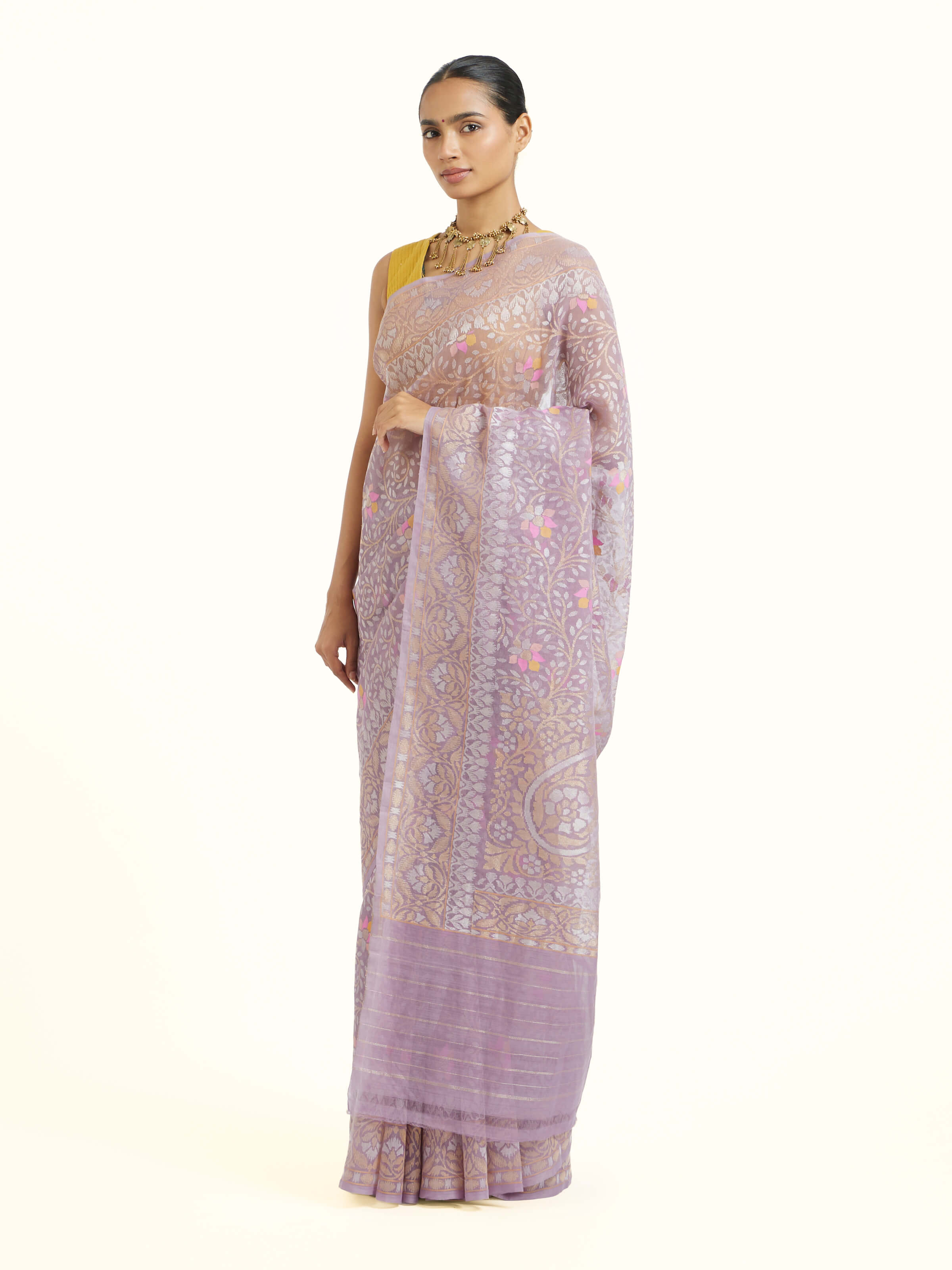 Side view of purple cotton Awadh Jamdani Banarasi saree showcasing weave texture
