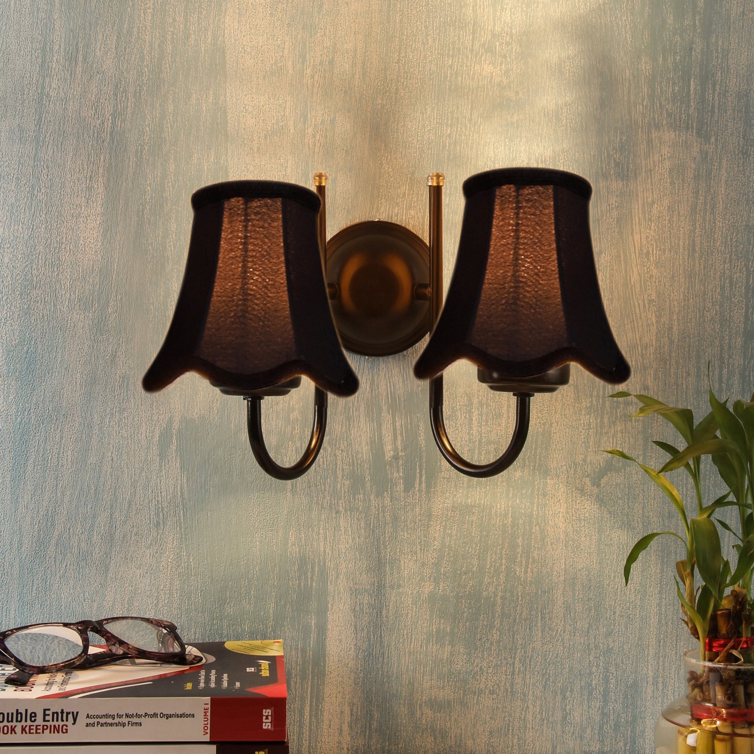 Devansh Dual Black Metal  Wallmounted Lamp With Cotton Black Metal  Shade - Devansh