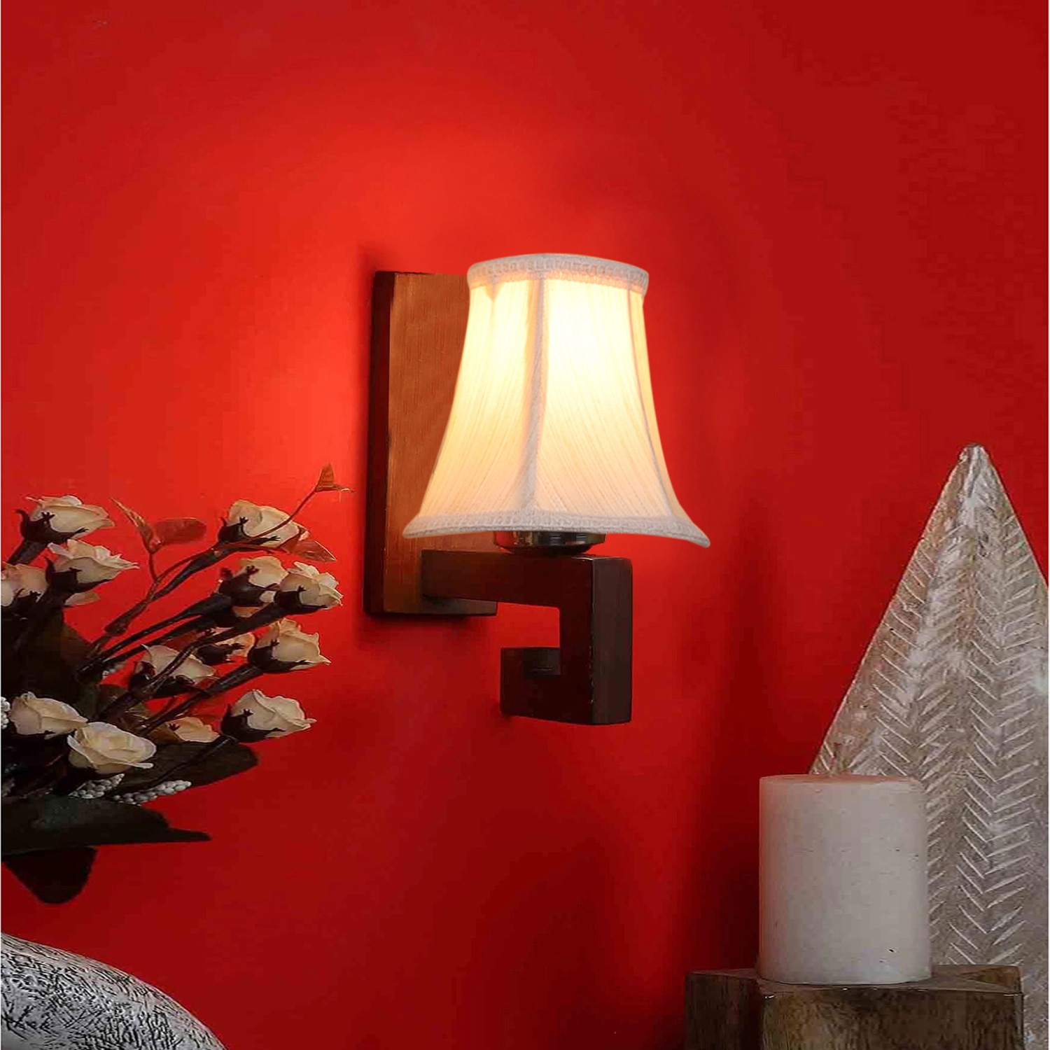 Devansh Wood Wall Mounted Lamp With Off-White Cotton Shade - Devansh