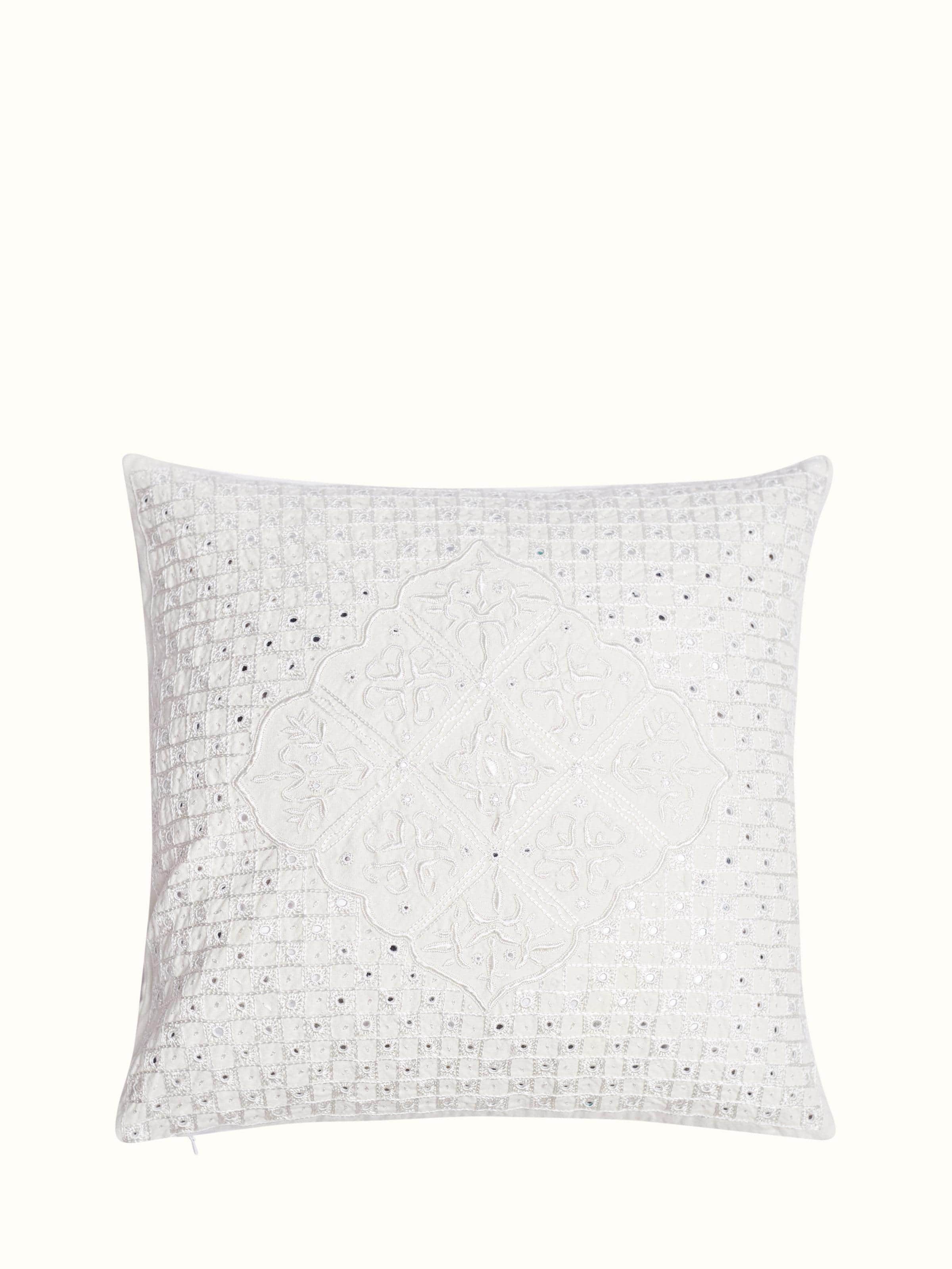 Lippan White Pakko Grid Hand Embroidered Cotton Cushion Cover