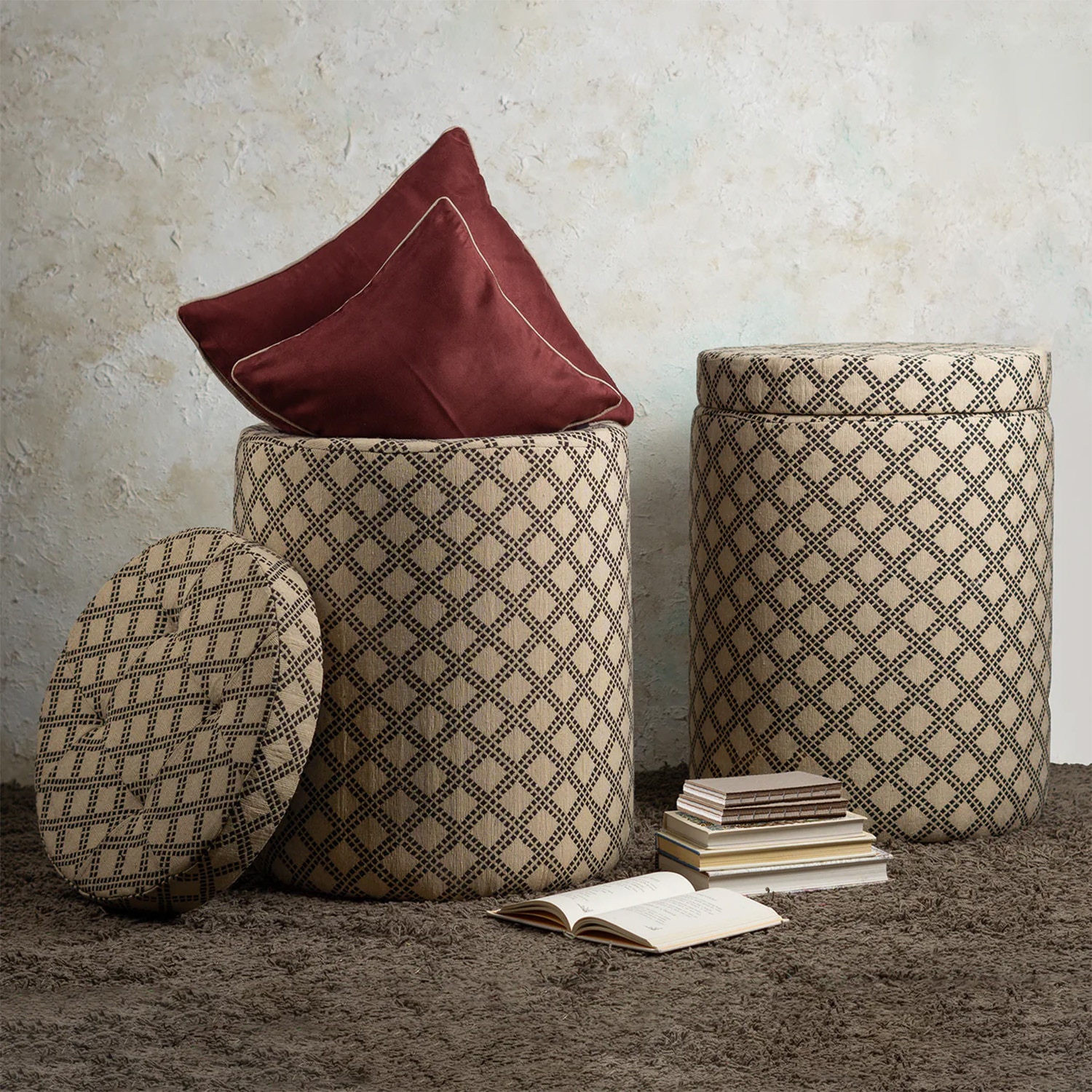 Quad Jacquard Wooden Storage Ottoman Upholstered in Cream Color Set of 2 - Nestroots