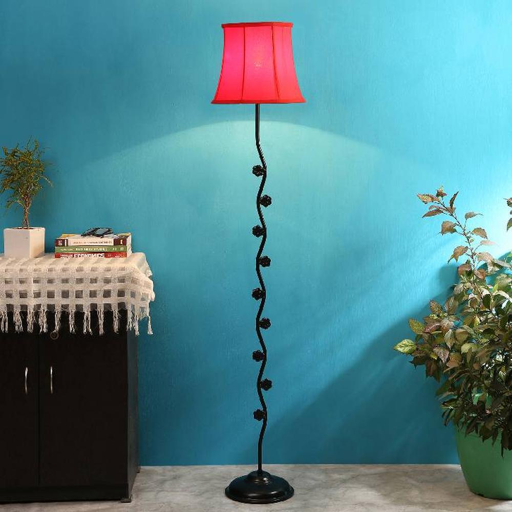 Gaia Red Fabric Floor Lamp with Black Iron Base - Devansh