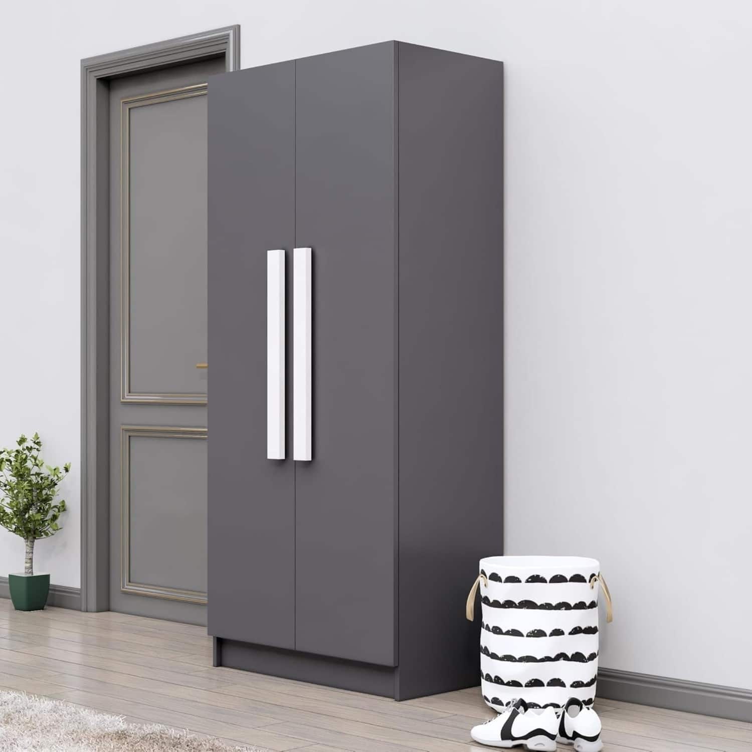 Hexa Red Wooden 2 Door Wardrobe with 4 Shelves in Slate Grey Colour - HexaRed