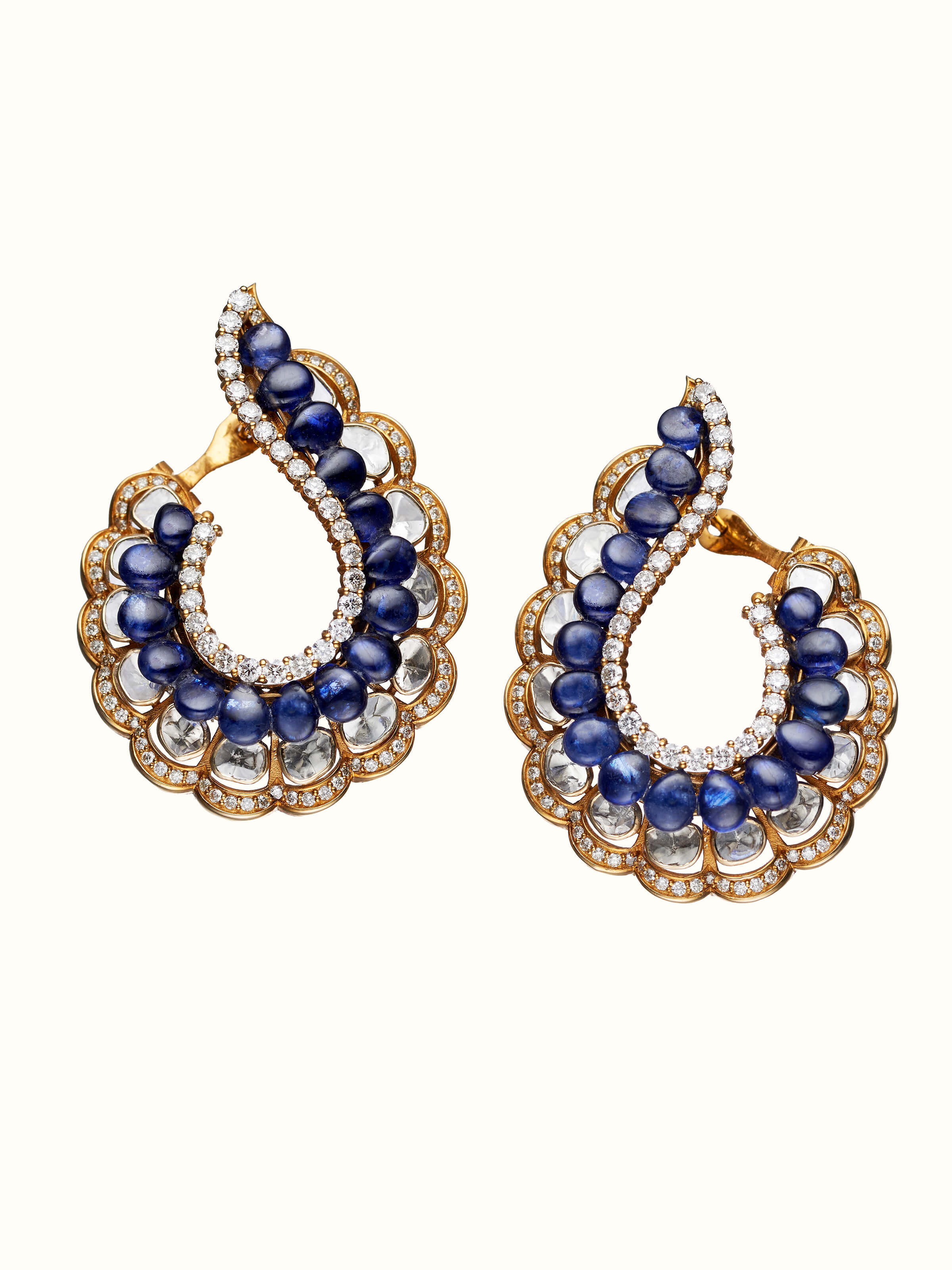 front view of dank polki 14 karat gold hoop earrings with traditional stone setting